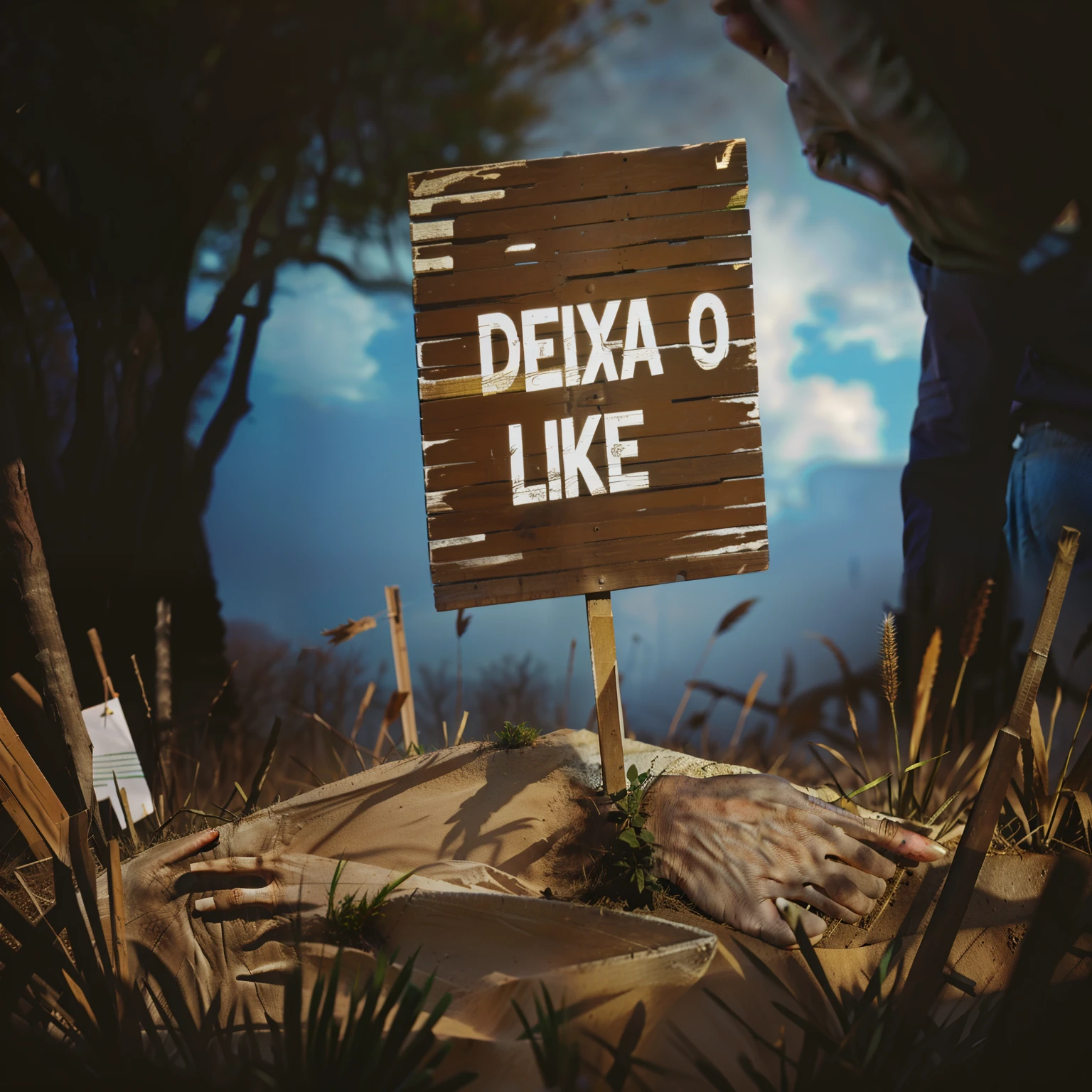 hand coming out of the ground holding a sign with the text "DEIXA O LIKE"