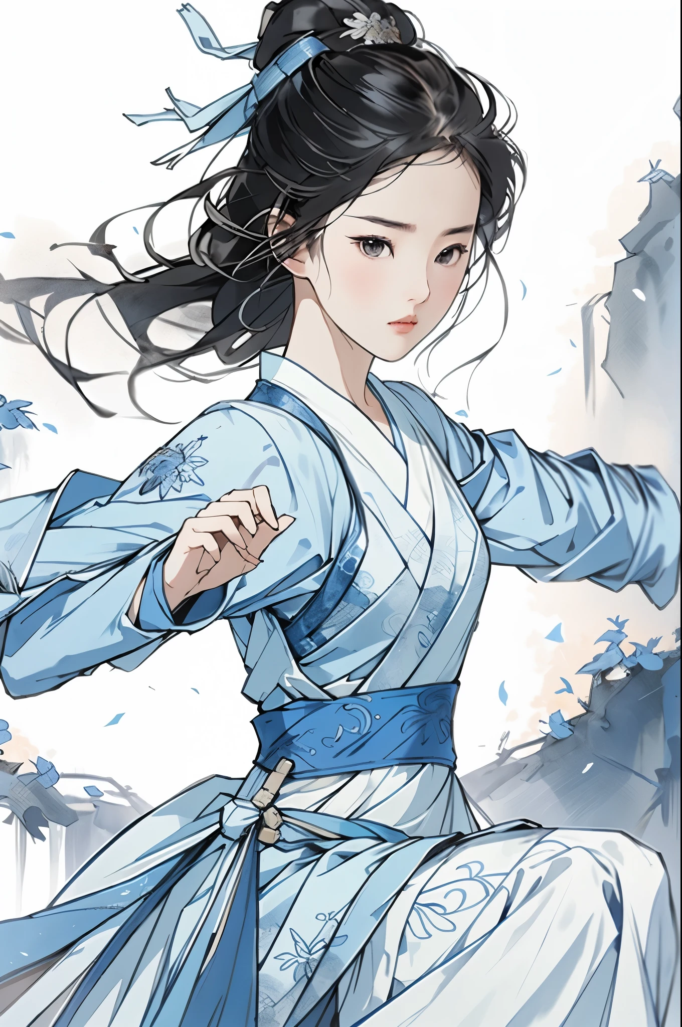 liuyifei, 1girl, Solo, blue tradition Chinese dress, Kungfu pose, Simple background, White background, gongbihua