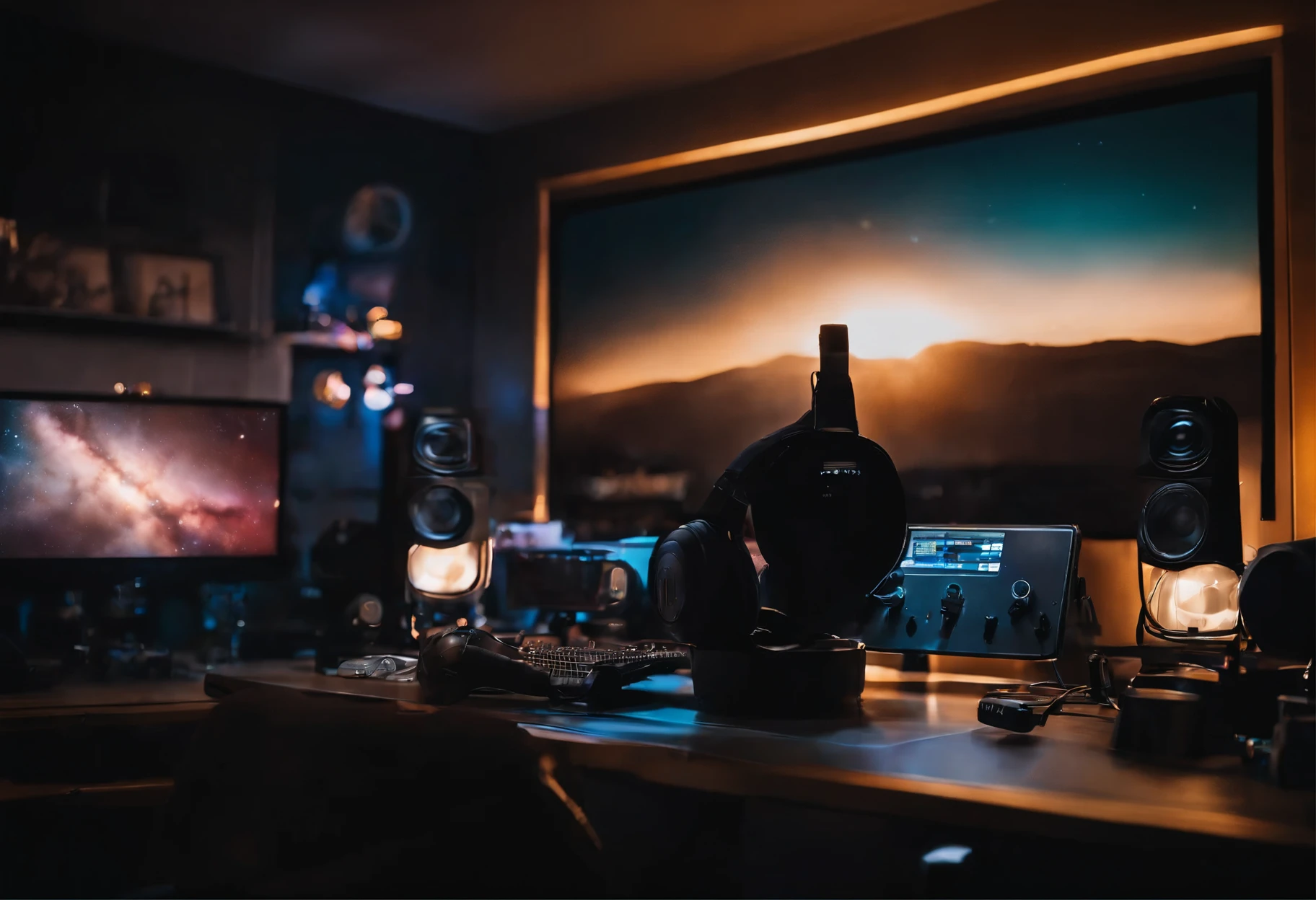 Gaming setup room with galaxy vibes
