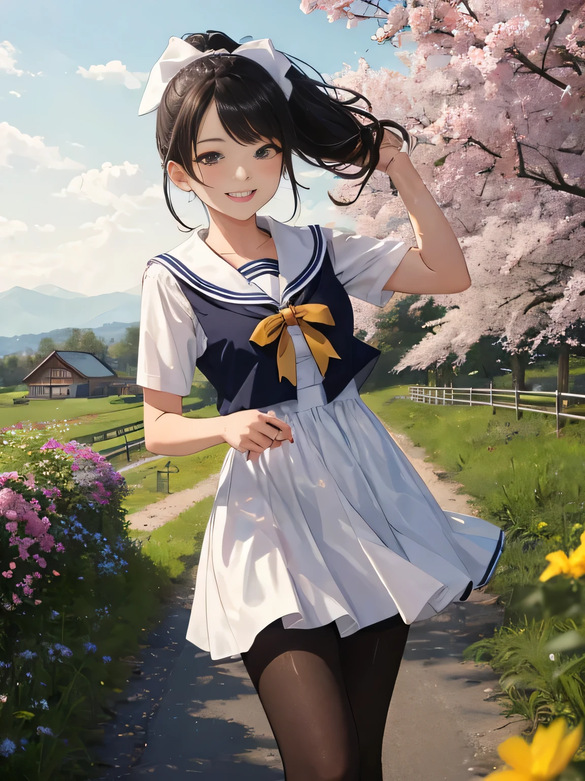(8K、RAW photo、highest quality)、detailed background、beautiful and detailed face、beautiful and smooth skin、skin texture、professional lighting、Cute beautiful Iful Girl、Cute character wearing a sailor suit.、 The costume is an elegant dress with a sailor collar and ribbon..、Sexy Pantyhose、Cute Ponytail、 Riding a road bike through the countryside、
wide々Beautiful rural scenery and the four seasons々enjoy the changes in.。golden ears of rice and flowers々The scenery of blooming flowers enriches the soul..。smile