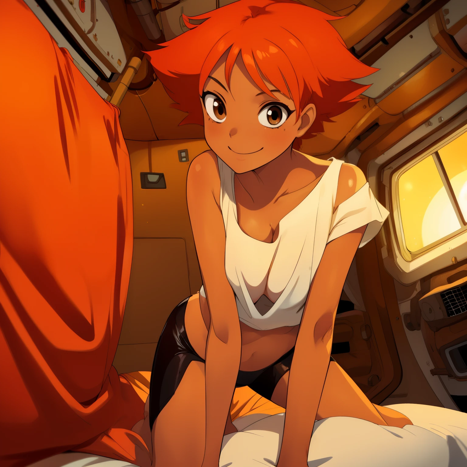 Edward,midriff,orange hair,white shirt,off shoulder,collarbone,tan skin, black bike shorts,goggles, brown eyes, space station,engine room, smiling, bedroom eyes, breasts, cleavage (insanely detailed, beautiful detailed face, masterpiece, best quality),