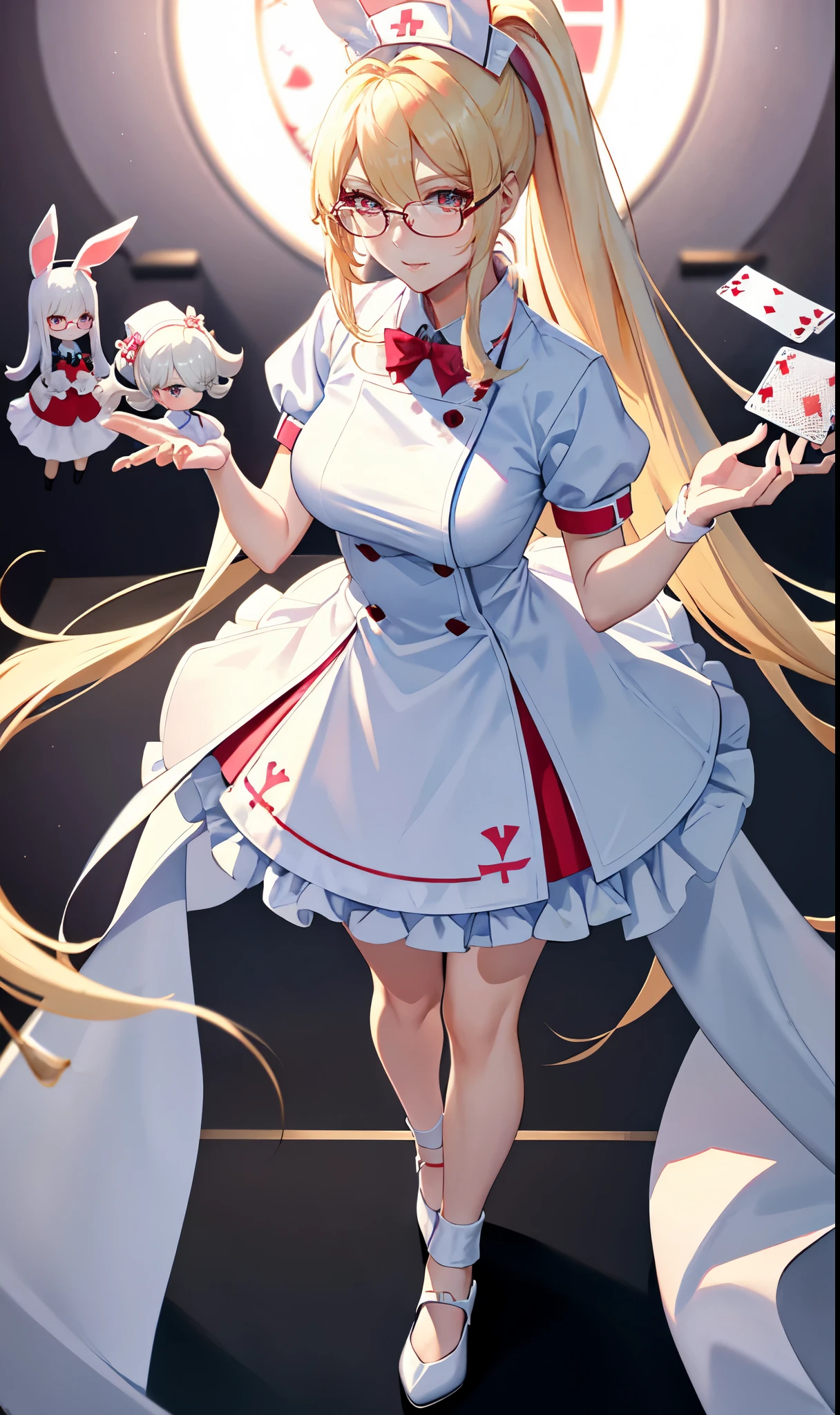 hospital background,Playing card decoration,Long light blonde hair,Standing close-up,dream world,Nurse大姐姐,(glasses),High ponytail,Messy hair,Elongated danphoenix eyes,(WhiteNurse,Nurse,Handheld dolls,Bunny doll:2.0),Background of poker decoration,(A ward filled with poker:2.0),温柔病娇Nurse姐姐,White,High heel,Detailedly drawn backgrounds