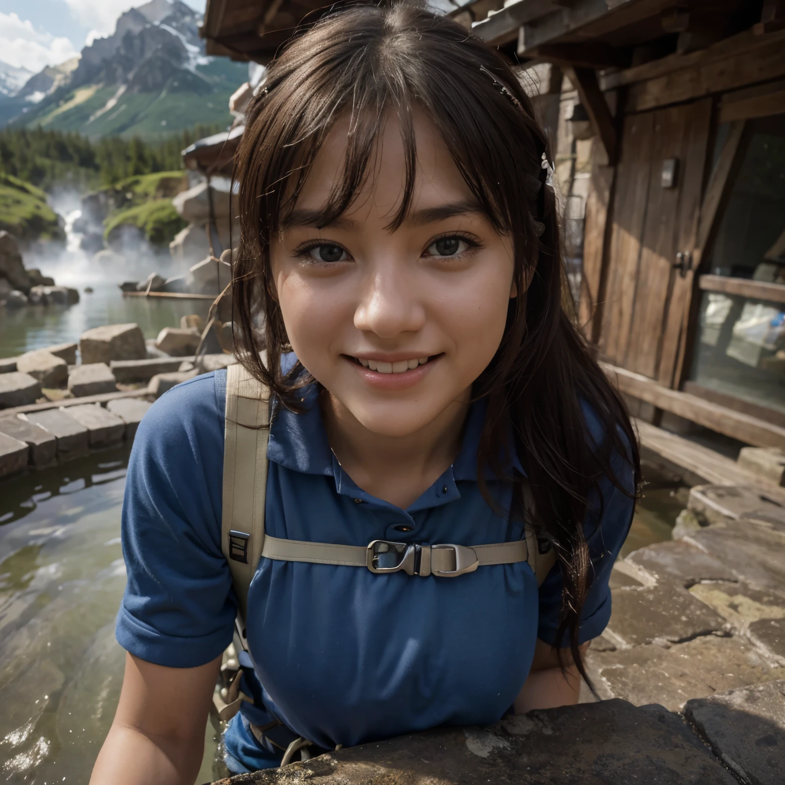 In 8K、highest quality、masterpiece、super detailed、ultra high resolution、mountain girl、young、girl、mountain climbing、smile、Ruck sack、cute、Before my eyes、hot spring、
