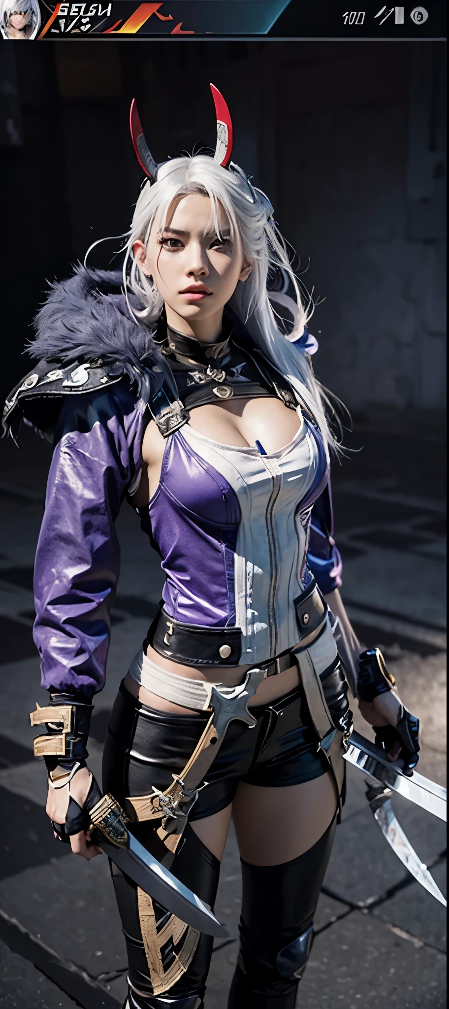 a close up of a person in a costume with a sword, as a character in tekken, female character, tifa lockhart with white hair, katana zero video game character, lunar themed attire, kda, slim body, cyborg - girl with silver hair, upper body realistic, fashion gameplay screenshot, fighting game character, new character, floralpunk elysian maiden, sigma female