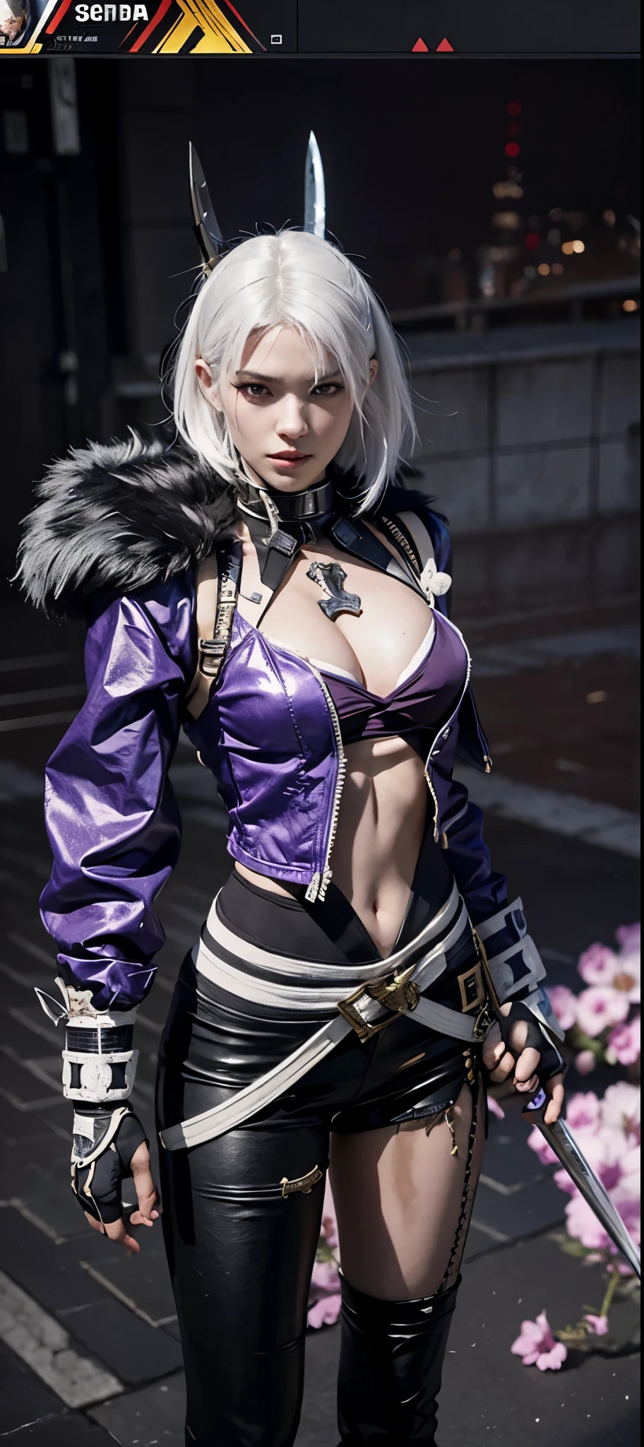 a close up of a person in a costume with a sword, as a character in tekken, female character, tifa lockhart with white hair, katana zero video game character, lunar themed attire, kda, slim body, cyborg - girl with silver hair, upper body realistic, fashion gameplay screenshot, fighting game character, new character, floralpunk elysian maiden, sigma female