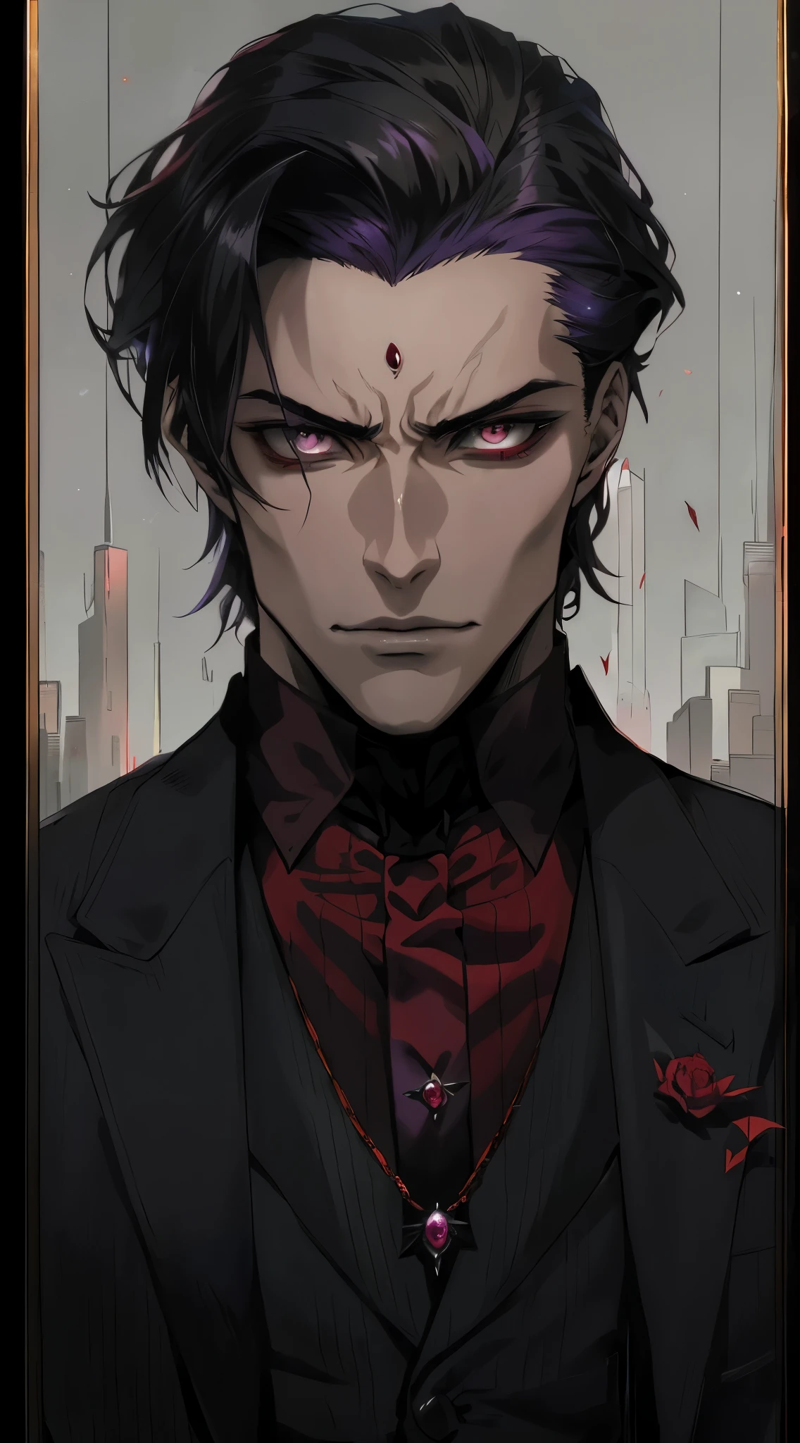 a close up of a man with a red tie and a suit, purple eyes,handsome male vampire, androgynous vampire, handsome guy in demon slayer art, anime portrait of a handsome man, alucard, beautiful androgynous prince, he's very menacing and evil, anime handsome man, tsurumaki kazuya