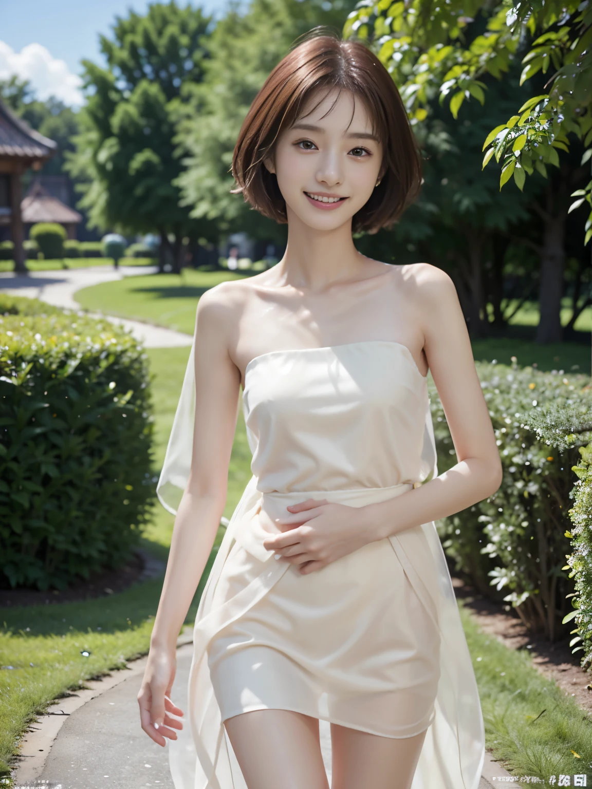 ((best quality)), ((masterpiece)), ((perfect face))、(detailed )、Detailed and clear photos、((walk in party dress))、slender body、smile、maroon short hair、full body shot、Female college student