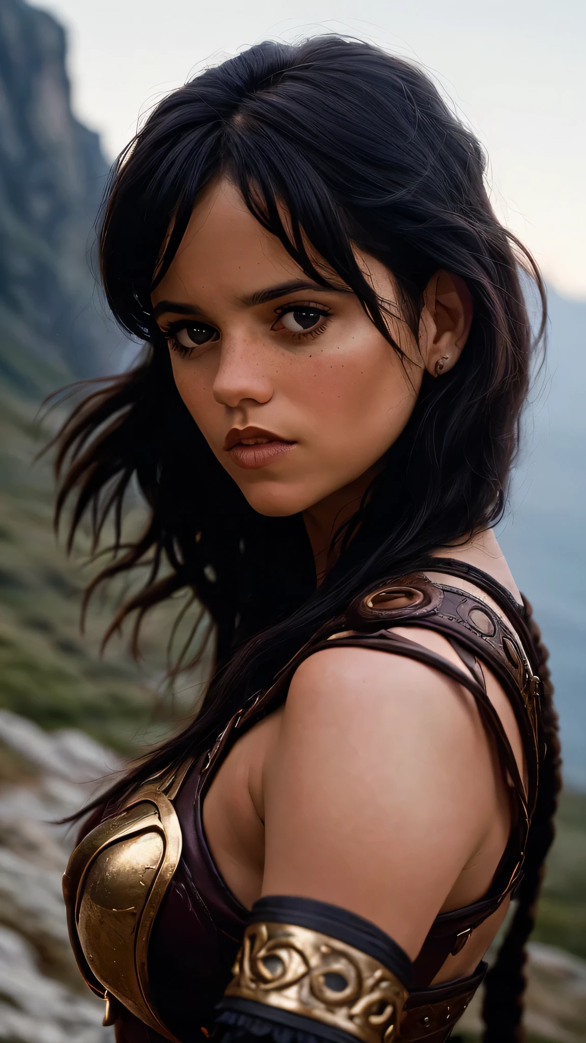 long shot portrait of jortega looking at viewer, on a cliff, dressed as Xena, Amazon, warrior queen, magazine cover, (masterpiece, extremely detailed skin, photorealistic, heavy shadow, dramatic and cinematic lighting, key light, fill light)