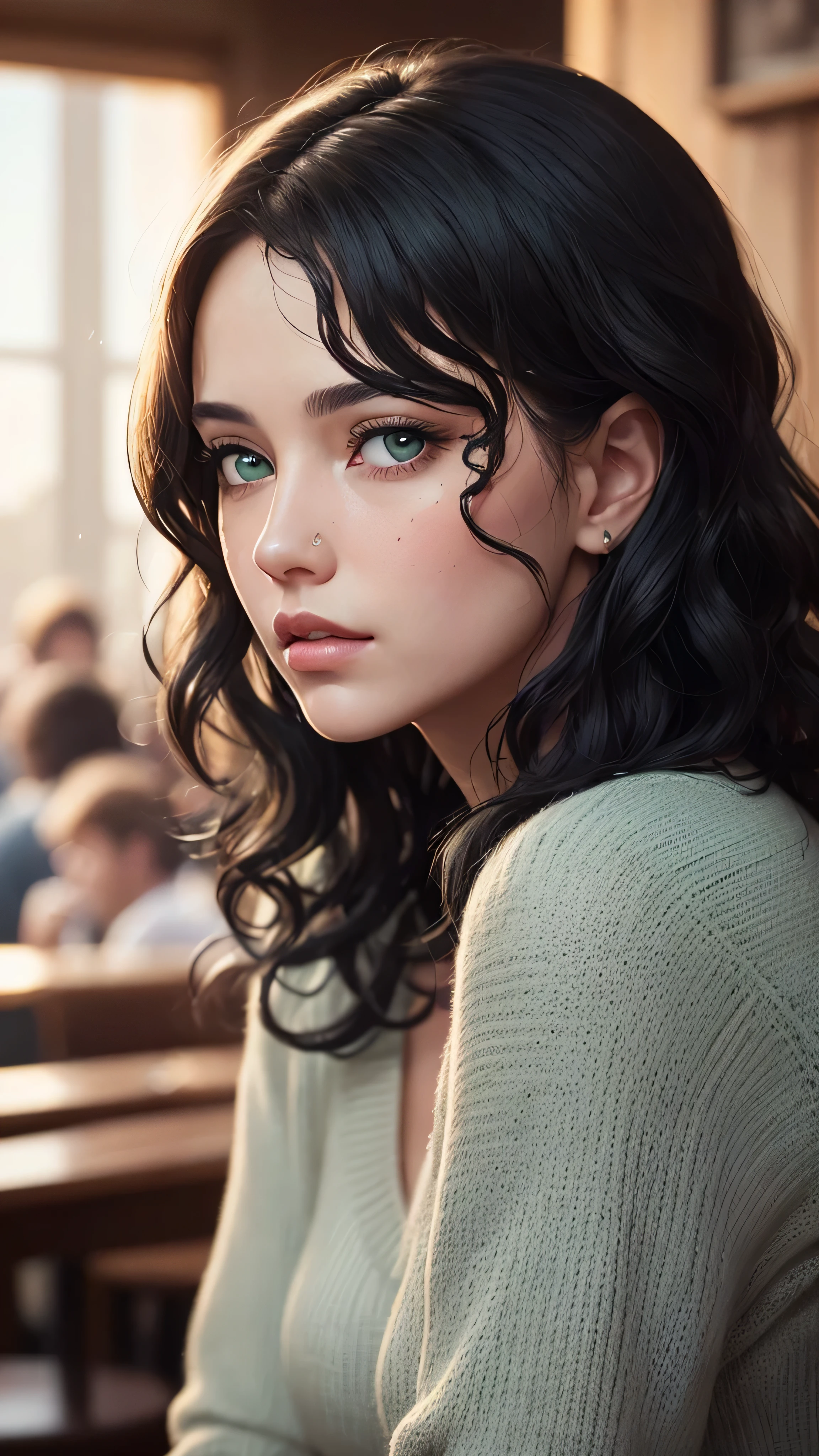 ((best quality: 1.5)) ((masterpiece: 0.8)), intricate details, sharp focus, professional, real life, realistic representation of the face, shadows, golden hour, dynamic pose, in the style of realistic and hyper detailed renderings BREAK (detailed 30 year old woman, (((portrait, cleft chin down), natural lips, green black wavy hair, blushing)) ice blue eyes, soft gray sweater, ((shy, crying, crowd cafe)))), photorealistic, hyper-realistic, 8K, skin blemish: 0.8