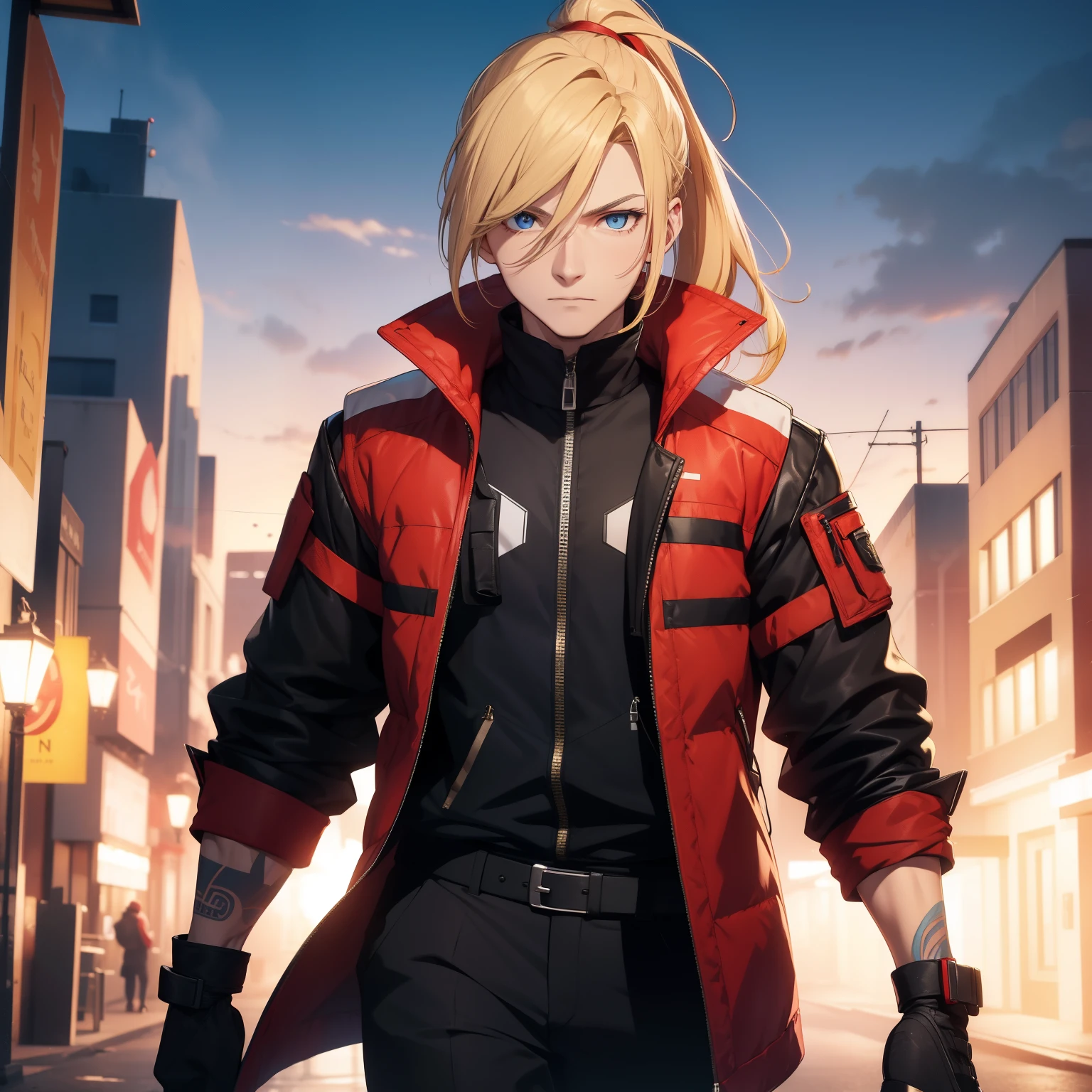 (26 years old), (male), Yellow hair, (Blue eyes), (Tied back ponytail), red scarf, red vest, sleeveless, black pants, black gloves, slim, up to legs