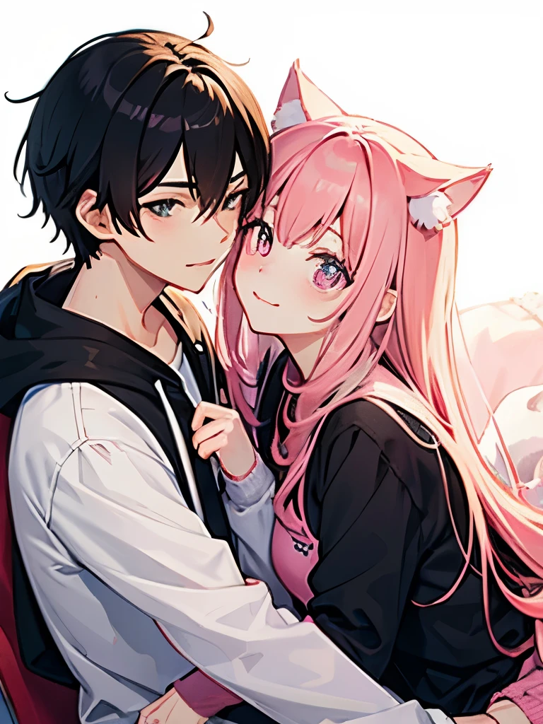 Neko couple, love, pink hair, black hair, cuddle, cute, looking at camera