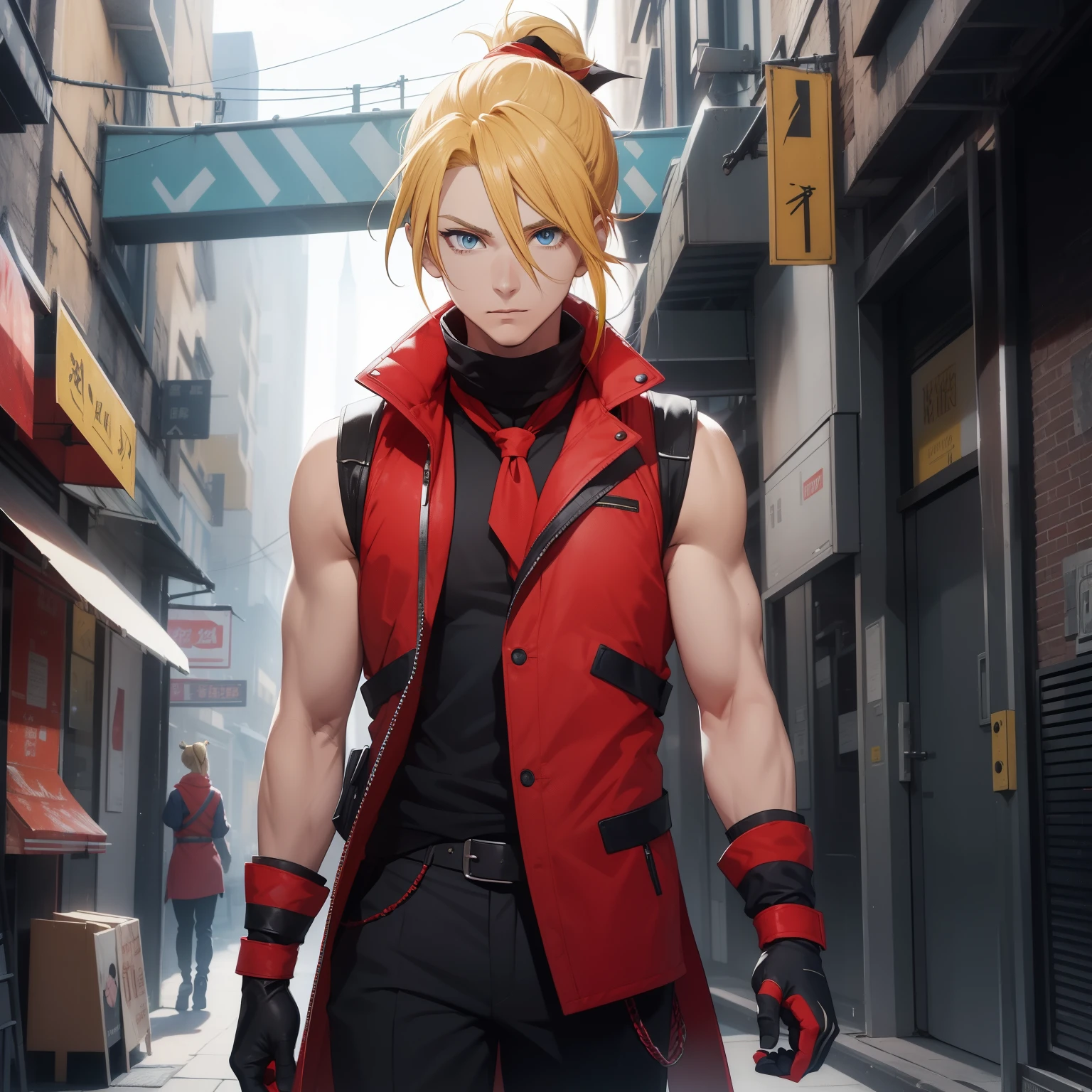 (26 years old), (male), Yellow hair, (Blue eyes), (Tied back ponytail), red scarf, red vest, sleeveless, black pants, black gloves, slim, up to legs