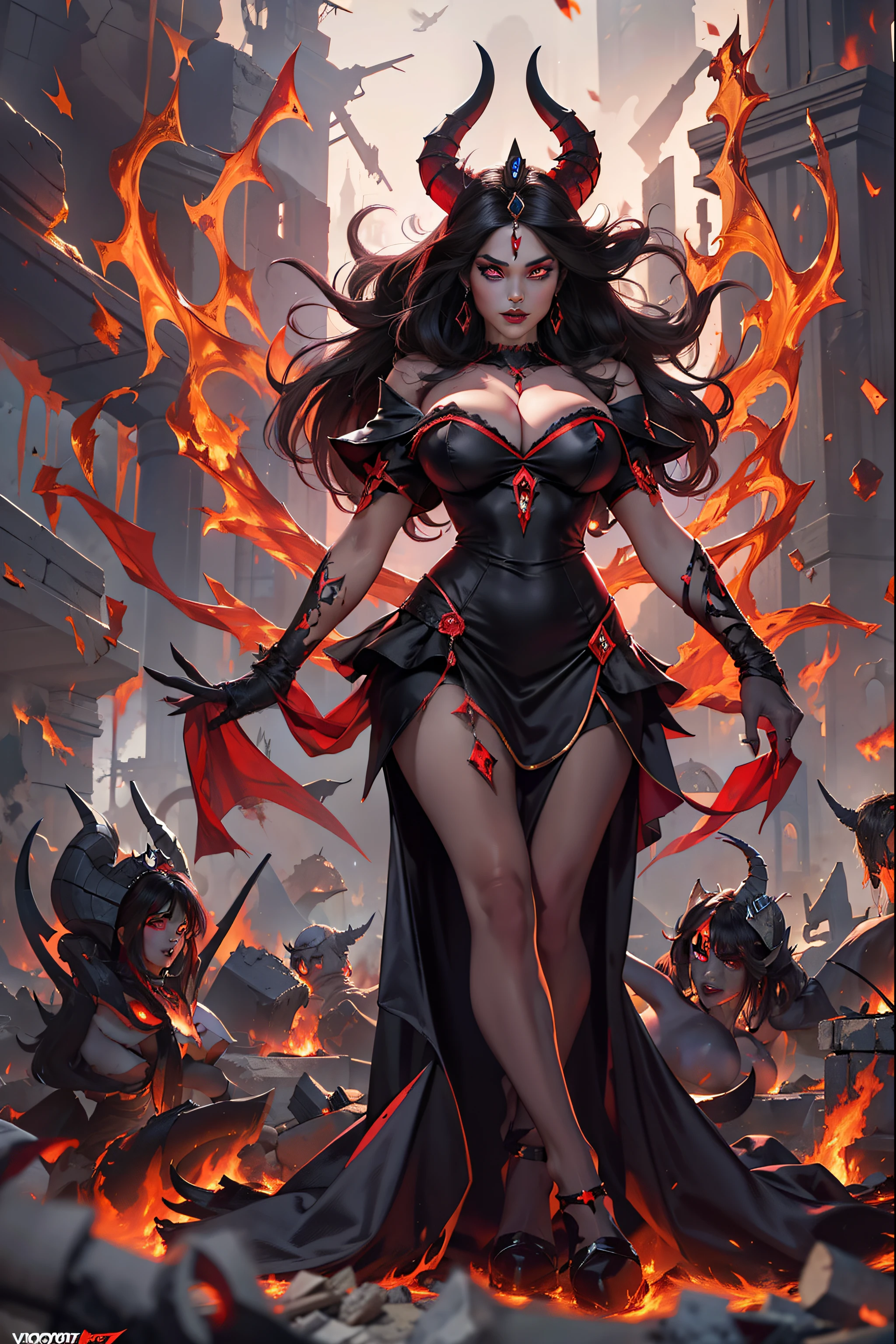 Ultra-detailed Lisa Ann stands atop a pile of burning ruins,  diabolical and insidious presence radiating from her dark crown and black and red evil queen dress;   demon wings on her back and demon horn ; invincible aura ; destruction with a single gesture