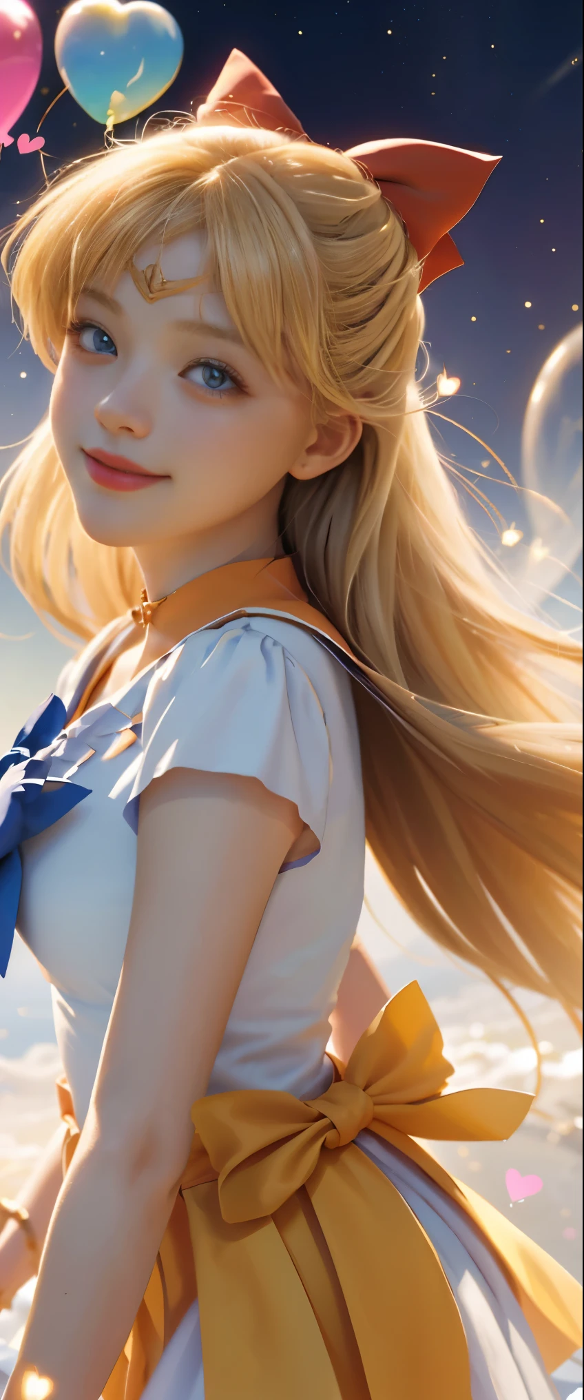 (masterpiece, highest quality;1.3), Very detailed CG, Super detailed, 1 girl, alone,  smile,  looking at the viewer, Stylish angles, blonde long hair,blue eyes,
SV1, Sailor Senshi Uniform, Orange skirt, elbow bag, tiara, orange sailor collar, red bow, orange choker, white gloves, jewelry, From above,
a lot of hearts, face focus,venus,tornado,abstract background, hearts storm, hart beam, Heart Bubble, hearts ballon, hart star, Heart flower, Heartlight, World of the Mind, heart background, galaxy background, Heart weapon, Heart Aura,