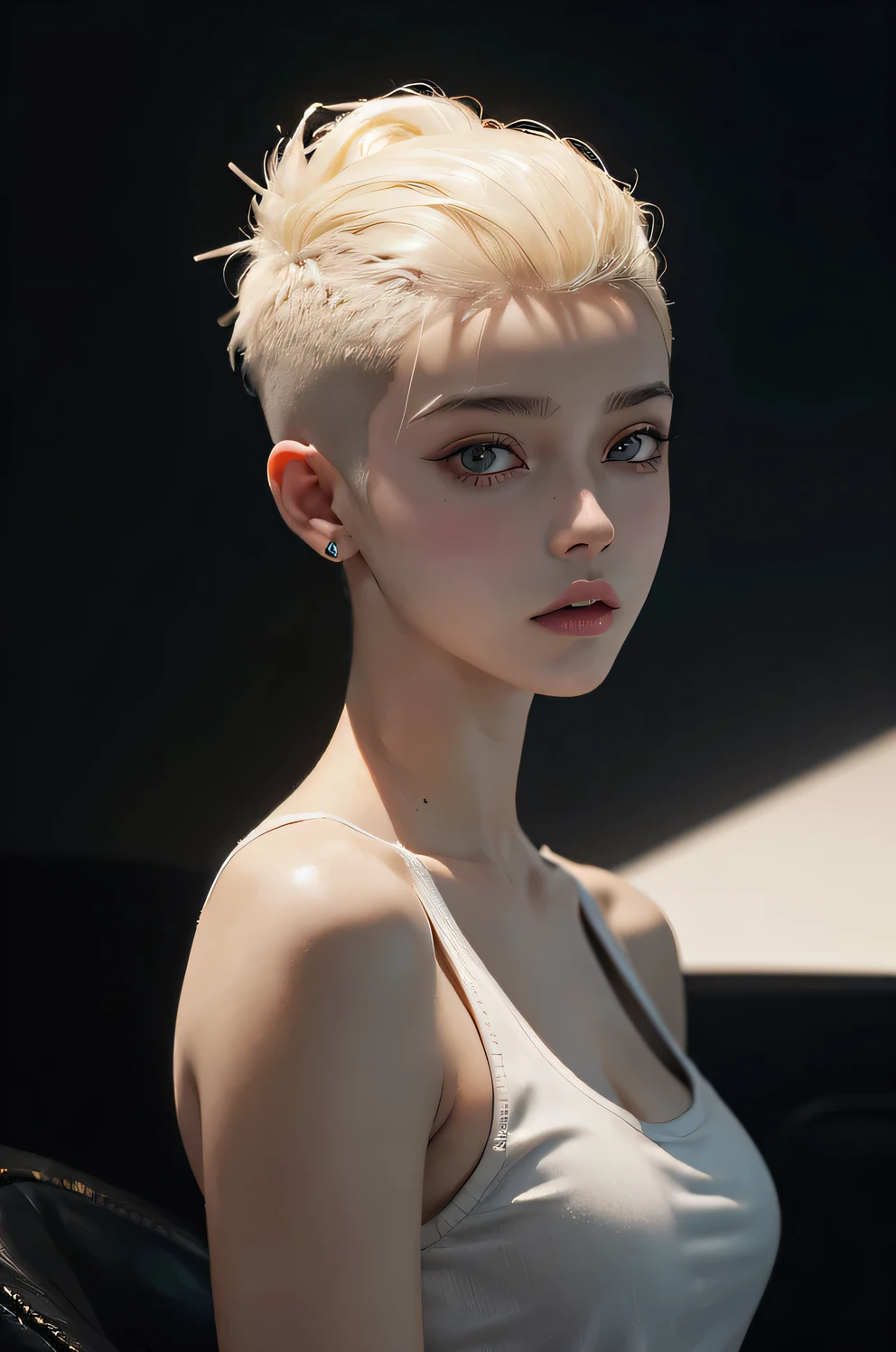 a 20 yo woman, blonde, (hi-top fade:1.3), dark theme, soothing tones, muted colors, high contrast, (natural skin texture, hyperrealism, soft light, sharp)