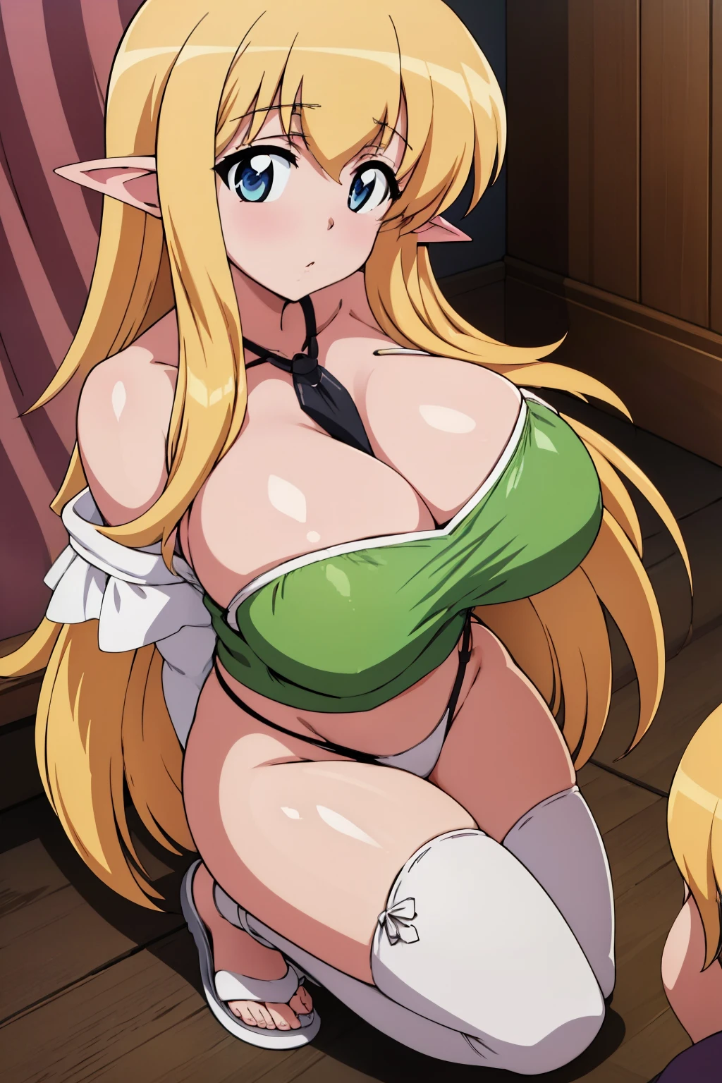 anime screencap, masterpiece, best quality, high resolution, anime colored, anime cels, 8k, solo, tifania, toeless legwear, bridal gauntlets, halterneck, blue eyes, elf, long hair, huge breasts, pointy ears, blonde hair, sideboob, side-tie panties, white thighhighs, sandals, green_cloth, impossible_cloth, pelvic curtain, thick thighs, bare shoulders, _yeld_gi white_robe, vestment