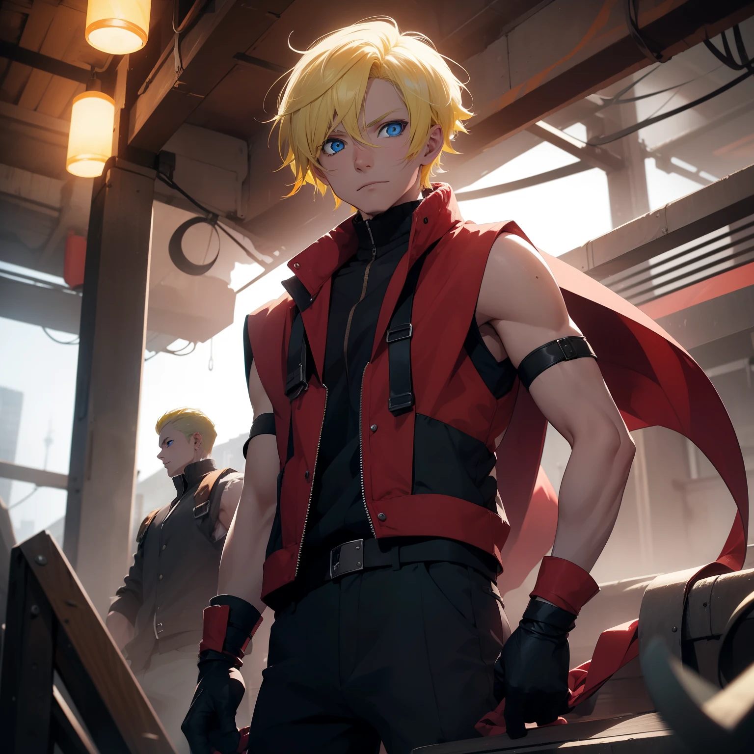 (26 years old), (male), Yellow hair, (Blue eyes), (wavy Short hair), red scarf, red vest, sleeveless, black pants, black gloves, slim, up to legs