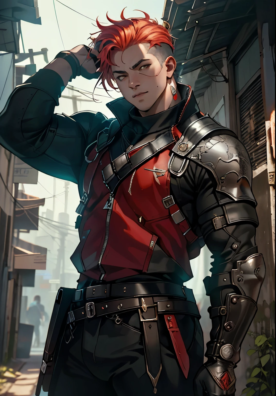 Ultra detalhe, high resolution, Ultra detalheed, melhor qualidade, incredible, maximum quality, papel de parede CG Unit 8K extremamente detalhado, cinematic lighting, Gato Fanboy, Ciberpunk, escuro, boy standing, com o cabelo vermelho