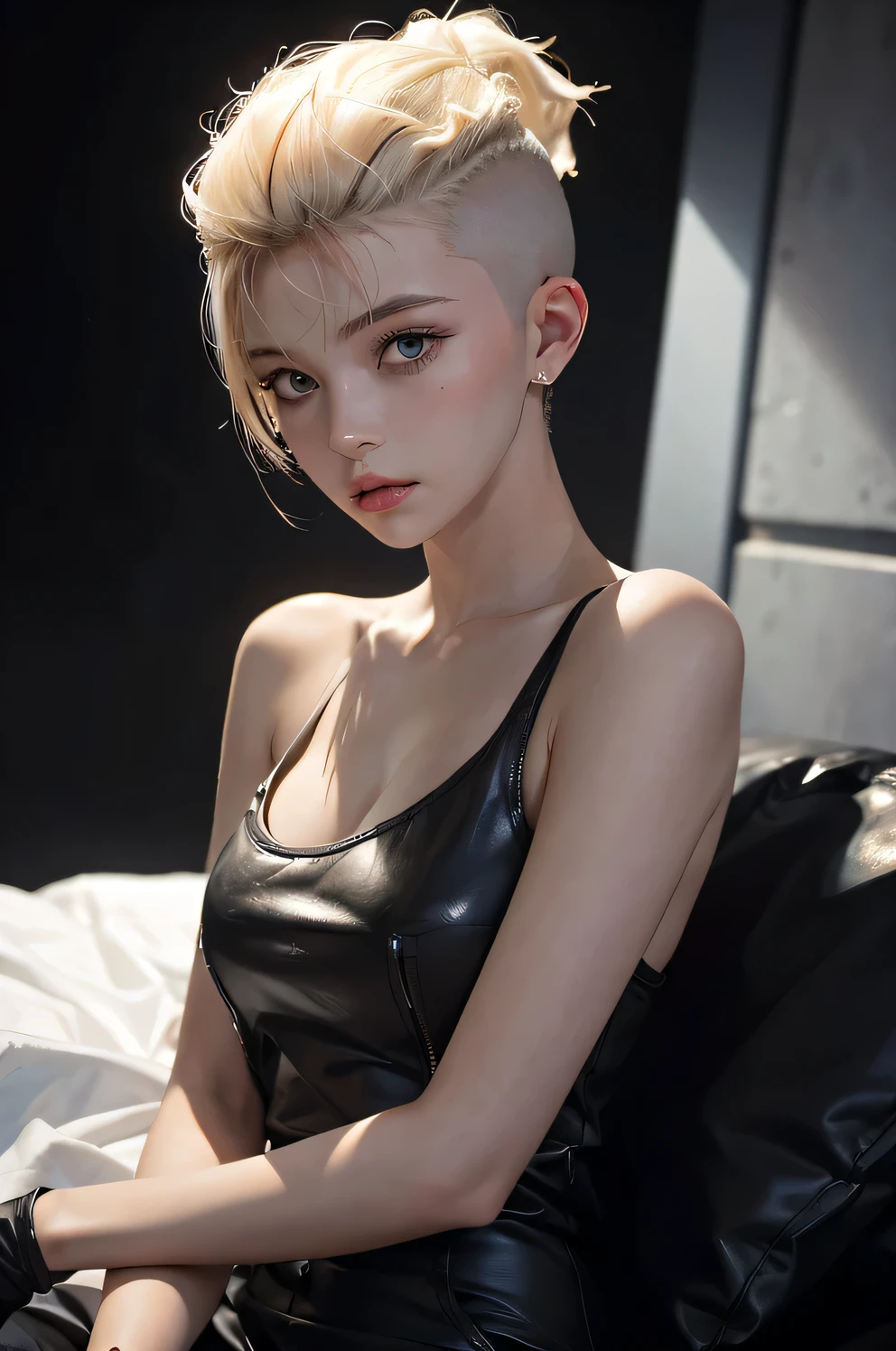 a 20 yo woman, blonde, (hi-top fade:1.3), dark theme, soothing tones, muted colors, high contrast, (natural skin texture, hyperrealism, soft light, sharp)