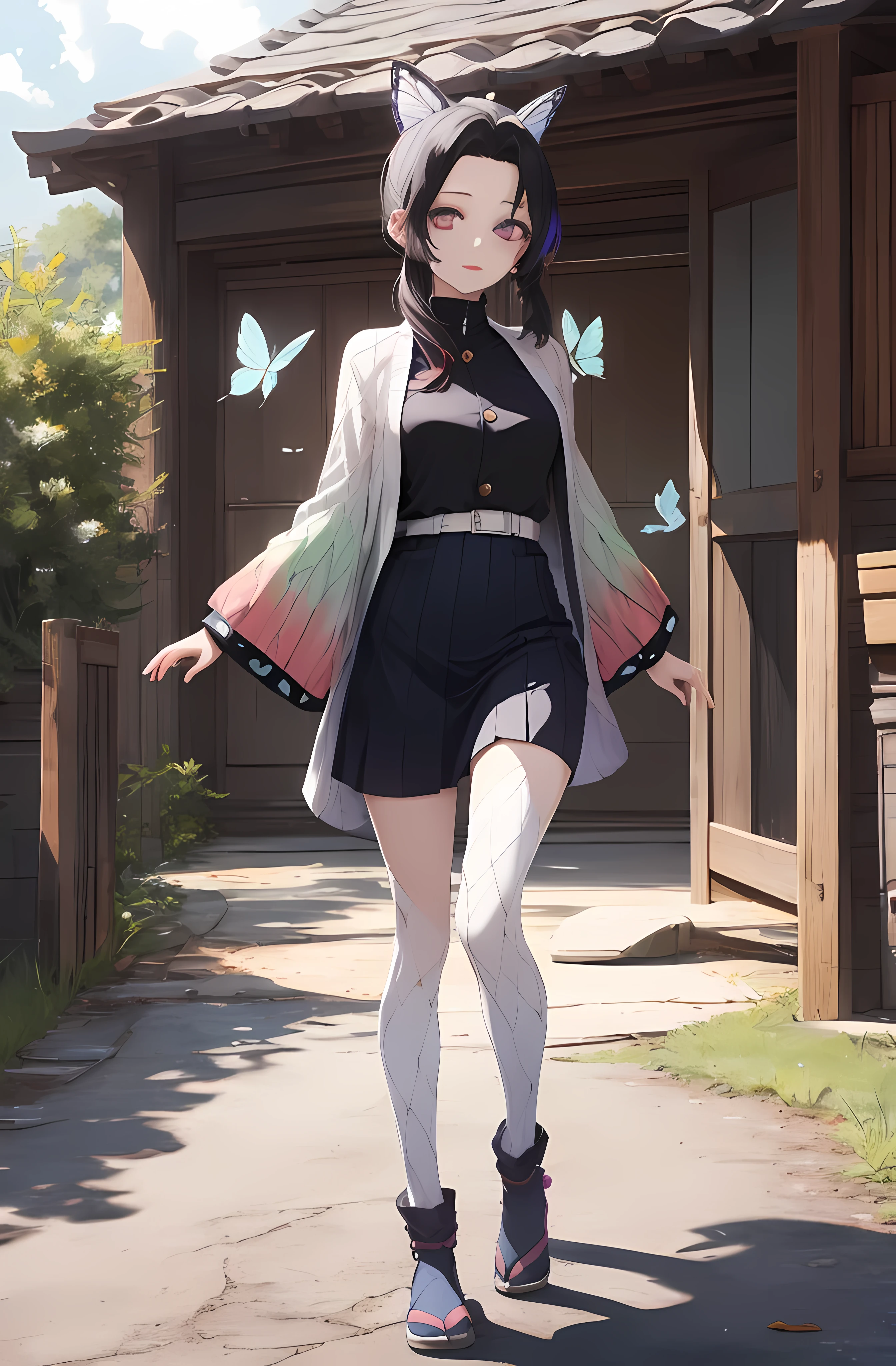 masutepiece, Best Quality, hight resolution, 1girl in, 独奏, kochou shinobu, Decorate your hair with butterflies, violet eyes, Multi-colored long hair, LONG hair, Parted bangs, legs together, skirt by the, Turtleneck Top, outside of house, Erotica, Emphasis on the chest, full body view