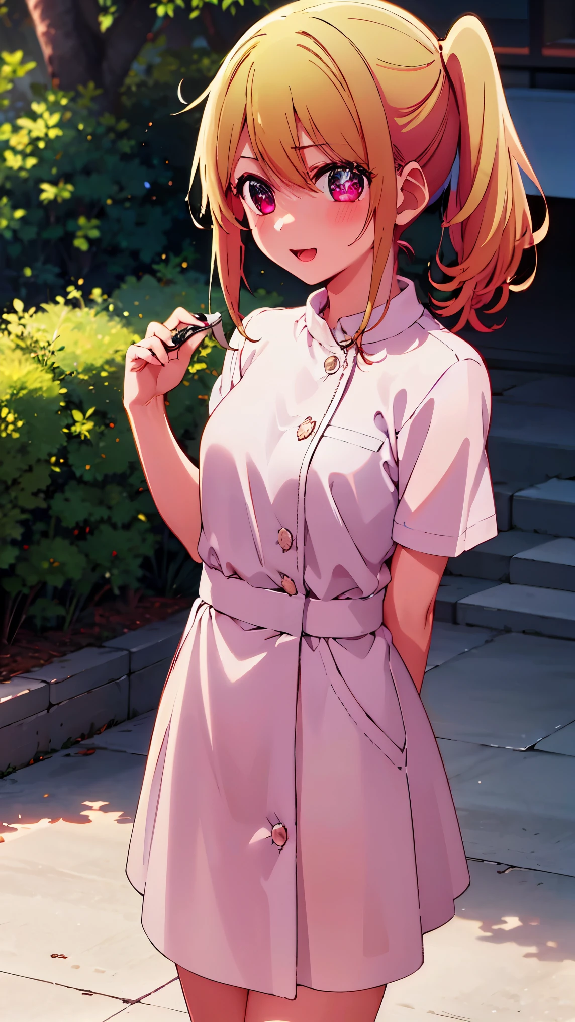 1 girl, alone, Hoshino Ruby, pupil in the shape of a symbol, star in left eye-shaped pupil, sparkling eyes, (star in left eye), red eyes, blonde hair, side ponytail, laughter, High resolution, highest quality, masterpiece、look at the camera、whole body、front、beautiful hair、beautiful eyes、8K、超High resolution、shy、thighs、skirt、garter belt、garden、hat、nurse uniform、nurse cosplay、nurse costume