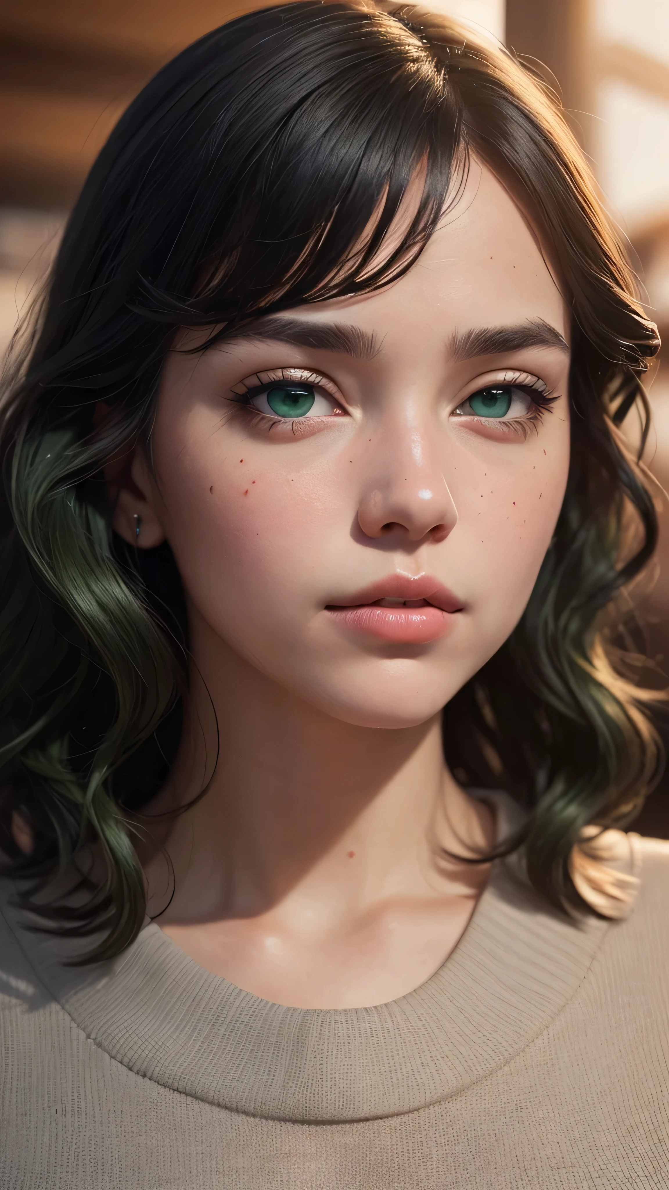 ((best quality: 1.5)) ((masterpiece: 0.8)), intricate details, sharp focus, professional, real life, realistic representation of the face, shadows, golden hour, dynamic pose, in the style of realistic and hyper detailed renderings BREAK (detailed 30 year old woman, (((portrait, cleft chin down), natural lips, green black wavy hair, blushing)) ice blue eyes, soft gray sweater, ((shy, crying, crowd cafe)))), photorealistic, hyper-realistic, 8K, skin blemish: 0.8