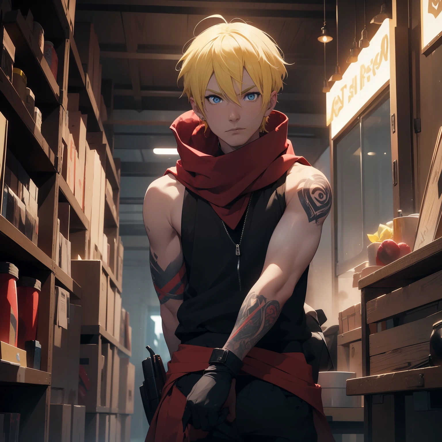(26 years old), (male), Yellow hair, (Blue eyes), (wavy Short hair), (Tattoed Face), red scarf, red vest, sleeveless, black pants, black gloves, slim, up to legs