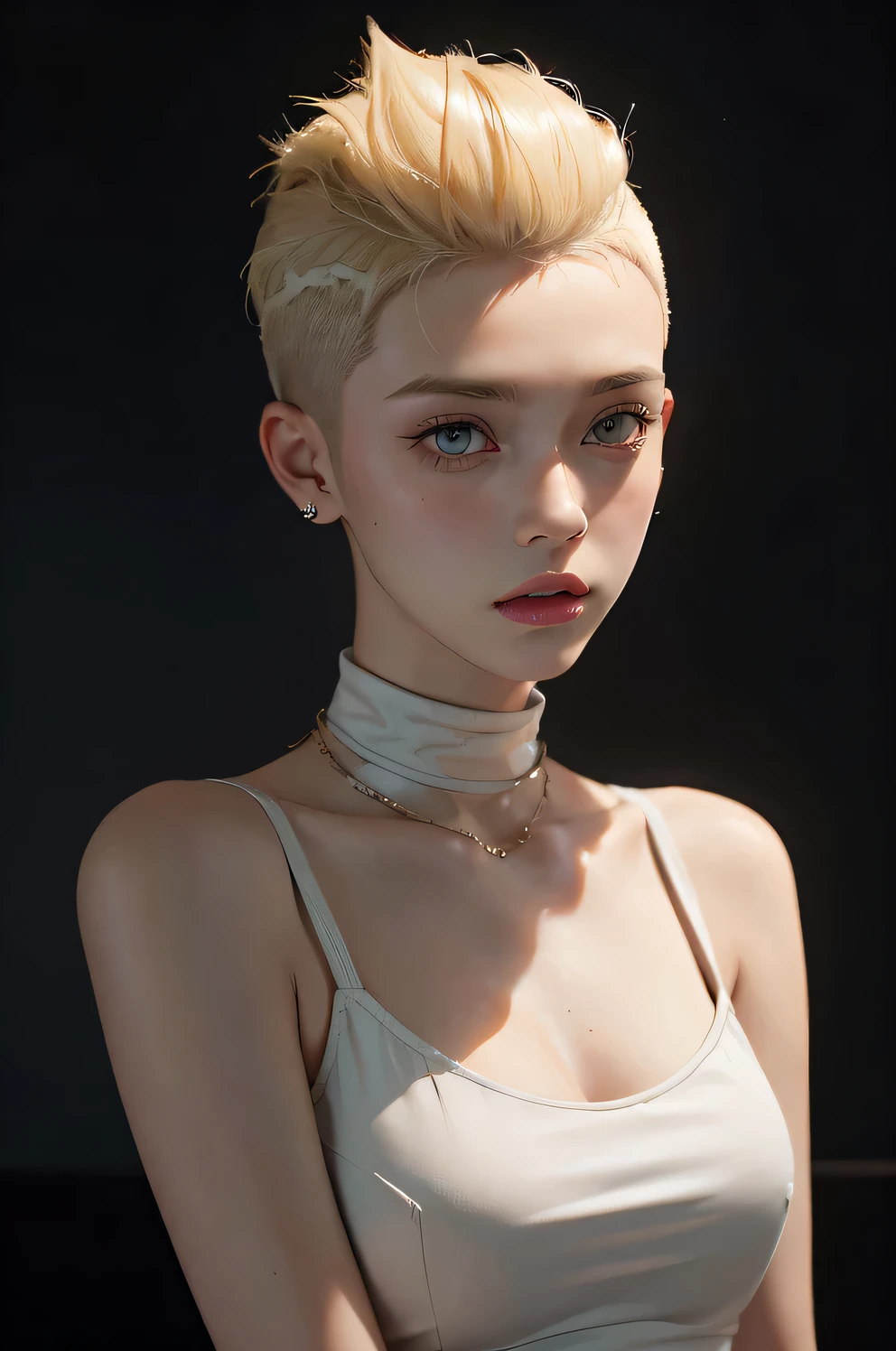 a 20 yo woman, blonde, (hi-top fade:1.3), dark theme, soothing tones, muted colors, high contrast, (natural skin texture, hyperrealism, soft light, sharp)
