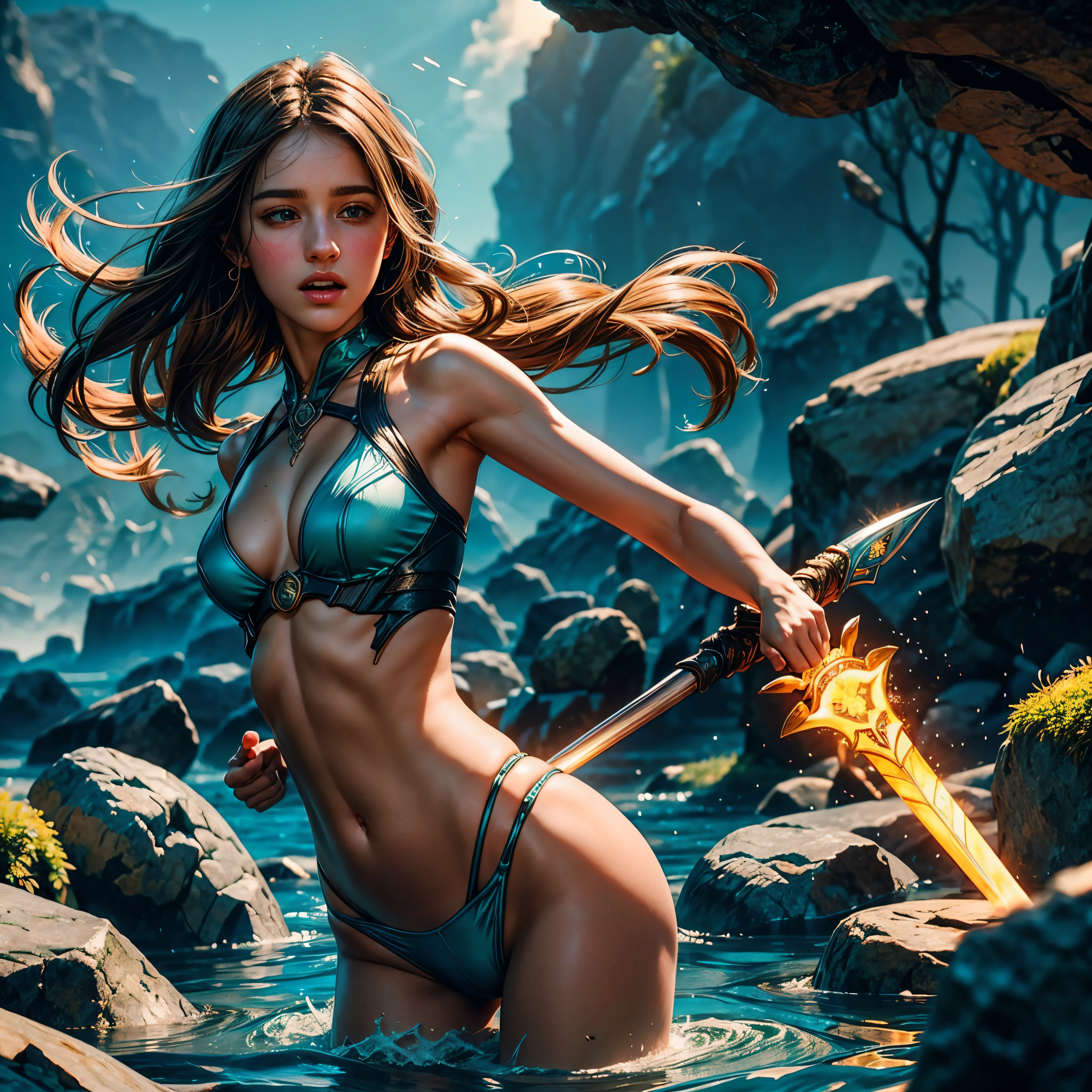 epic nebulae breathtaking nebula vibrant hues ethereal interstellar sparks curiosity birth evolution stars hyper starry sun_ciel spacieux SunShine panoramique coucher de soleil ultra lever du soleil ((Dynamic cinematic sunlight, super best quality, ultra chef d&#39;artwork :1.3)) epic gorgeous girl (Emily Rudd:Alicia Vikander) Un gros plan d&#39;an Atlantean barbarian war goddess&#39;a supernatural and enchanting beauty with a legendary magic spear and screaming with anger and fury. She is skinny and dives in shallow waves in a dark underground sea cave lit only by ocean bioluminescence which covers her perfectly., irresistible body. Minimalist, magical, shiny anime style female combat armor. Her tanned skin sparkles with&#39;scales. she is athletic, mince, ajuster, tonique, maigre, and very muscular with a slim waist and slim hips. She has deeply tanned and fluid skin, Des cheveux brillants. Son grand, vibrant, Bright turquoise Asian eyes focus intently on the viewer with a predatory gaze., allure d&#39;un autre monde. Elle a des tatouages complexes d&#39;inspiration aquatique sur tout son corps.. Son visage a des dessins peints. Swirling shadows deep equirectangular path_360 rue UnrealEngine5 Ultra Masterpiece Cinematic_Ultra Pro Sunlight_ultra optimal photo-realistic_High quality OpenGL-Ultra Shaders_high precision and ultra reflex precision_Enhanced octane high resolution perfection volumetric lighting_rendues ultra_high definition UHD XT3 DSLR HDR 3dcg analog ecstatic symmetrical dazzling Will-o&#39;-the-wisp global luminescence plasma focus incandescent reflection varied multi etc. --v 6 --s 1000 --c 20 --q 20 --chaos 100