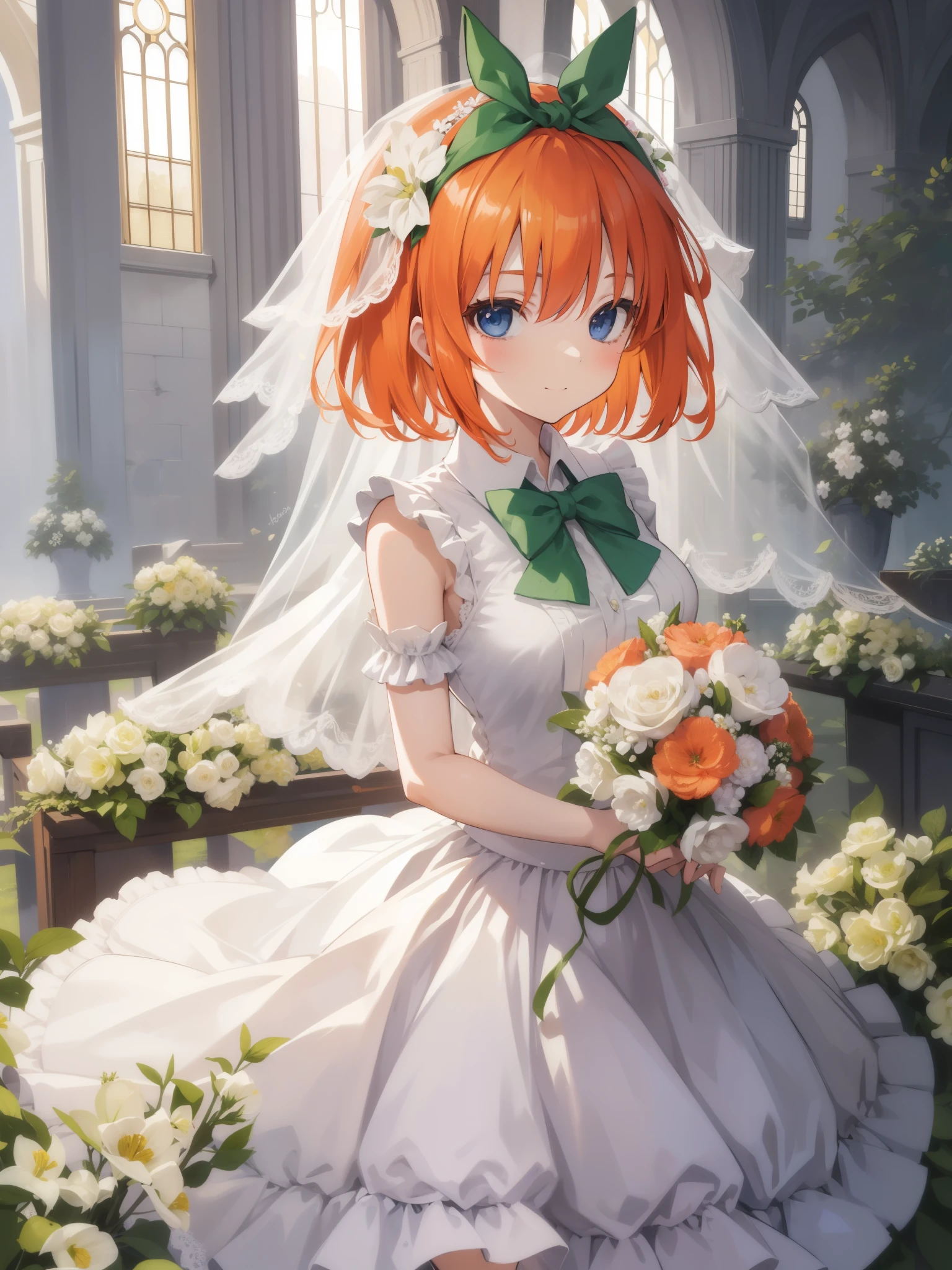 masterpiece, highest quality, High resolution, 1人のgirl, girl, masterpiece、highest quality、masterpiece, highest quality, high again, , 1girl, alone, hair flower, wedding d again ss, Holding a bouquet of flowers in your hands, Chacha, smile, church, white bridal veil,  Nakano Yotsuba(The Bride of Fifths)、HAIR Ribbon, 1girl, masterpiece、highest quality, short hair, nakano yotsuba, orange hair, hair bow, green bowtie