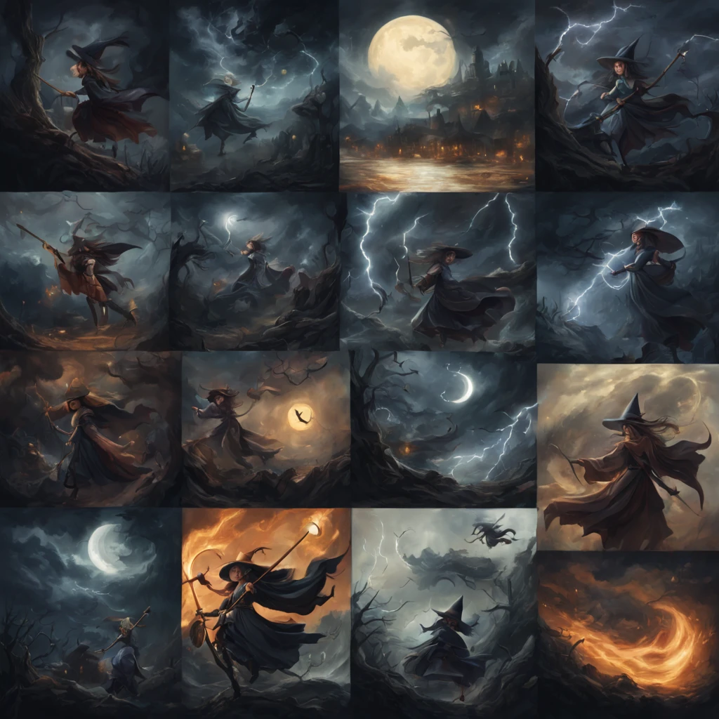 "(best quality,highres,realistic:1.37),scary witches flying on broomsticks, many witches, tense race above a cloud and thunderstorm-filled night sky, swirling ring of magic at the end, lightning outlining the course, full moon, mystical atmosphere, dramatic lighting, dark and eerie colors, witch hats and capes, hair flowing in the wind, intense expressions on their faces, intense focus and determination, broomsticks hovering in the air, crackling energy surrounding the broomsticks, ominous thunder and lightning, moonlight casting eerie shadows, mystical symbols in the sky, gusts of wind swirling around the witches, flying at high speed, competing for victory, anticipation and excitement, adrenaline-filled race, intense competition among witches, a thrilling and dangerous challenge, the world below disappearing in the darkness, stars twinkling in the night sky, the howling of the wind, clouds swirling ominously, wisps of fog adding to the eerie atmosphere, a sense of magic and mystery in the air."