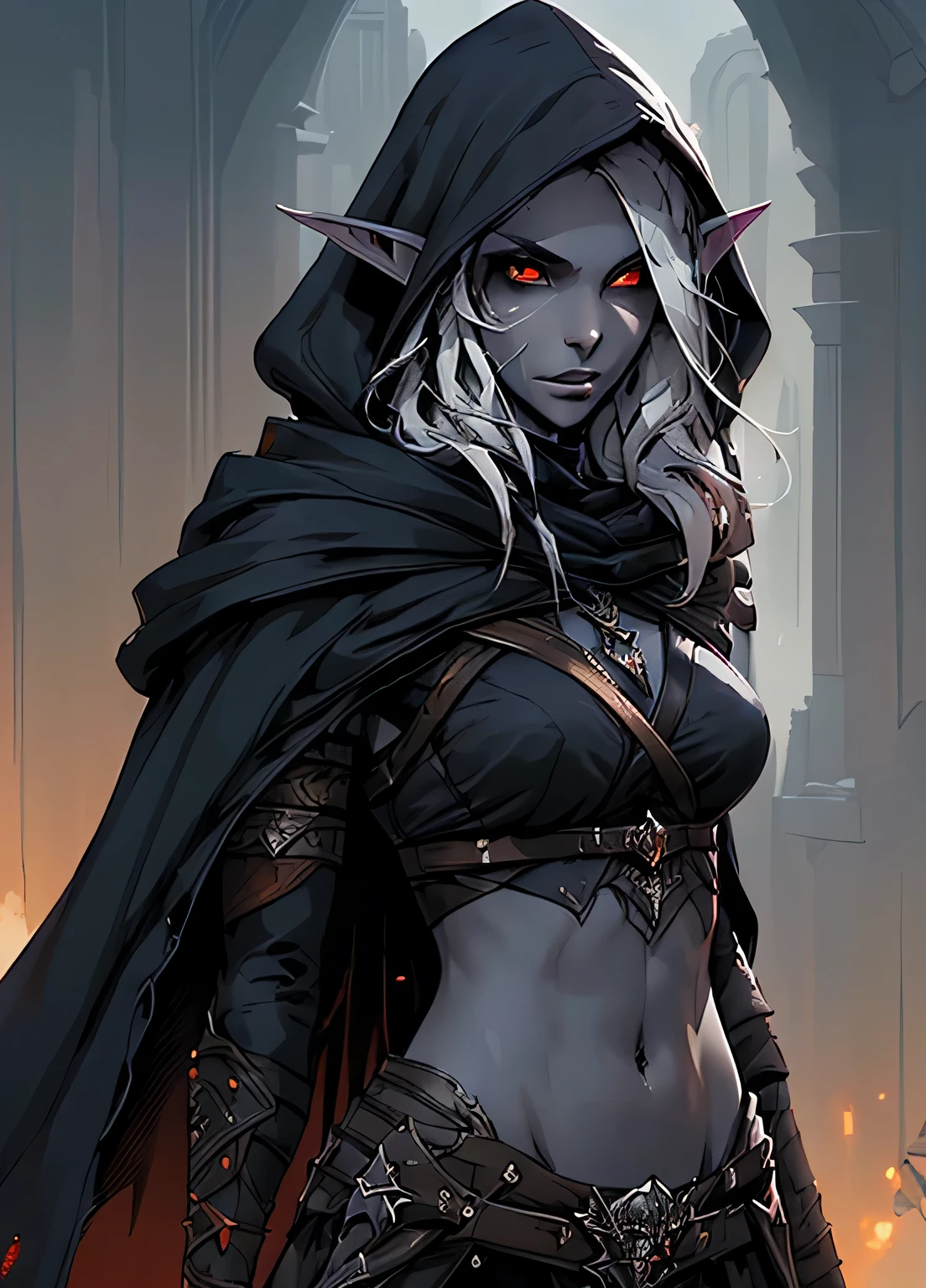 drow, female, pointy ears, solo, elf, navel, hood, colored skin, midriff, looking at viewer, long hair, cloak, dark elf, breasts, white hair, hood up, cape, medium breasts, hooded cloak, belt, pouch, red eyes, grey skin, orange eyes, upper body, weapon, glowing eyes, lips, ((masterpiece, best quality)), art by greg rutkowski, trending on artstation  