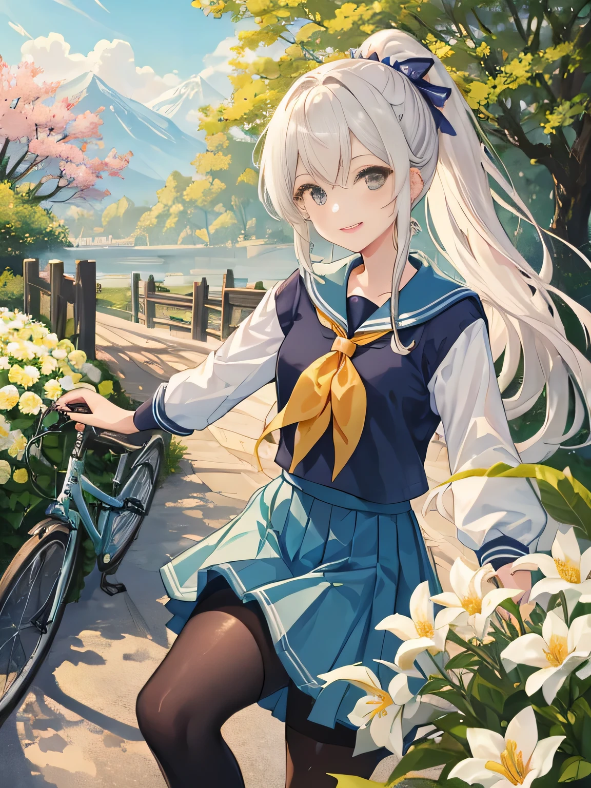 (8K、RAW photo、highest quality)、detailed background、beautiful and detailed face、beautiful and smooth skin、skin texture、professional lighting、Cute beautiful Iful Girl、Cute character wearing a sailor suit.、The costume is a uniform with a sailor collar and ribbon..、Cute Ponytail、 sleeveless、knee high socks、pleated mini skirt、Riding a road bike through the countryside、
wide々Beautiful rural scenery and the four seasons々enjoy the changes in.。golden ears of rice and flowers々The scenery of blooming flowers enriches the soul..。smile