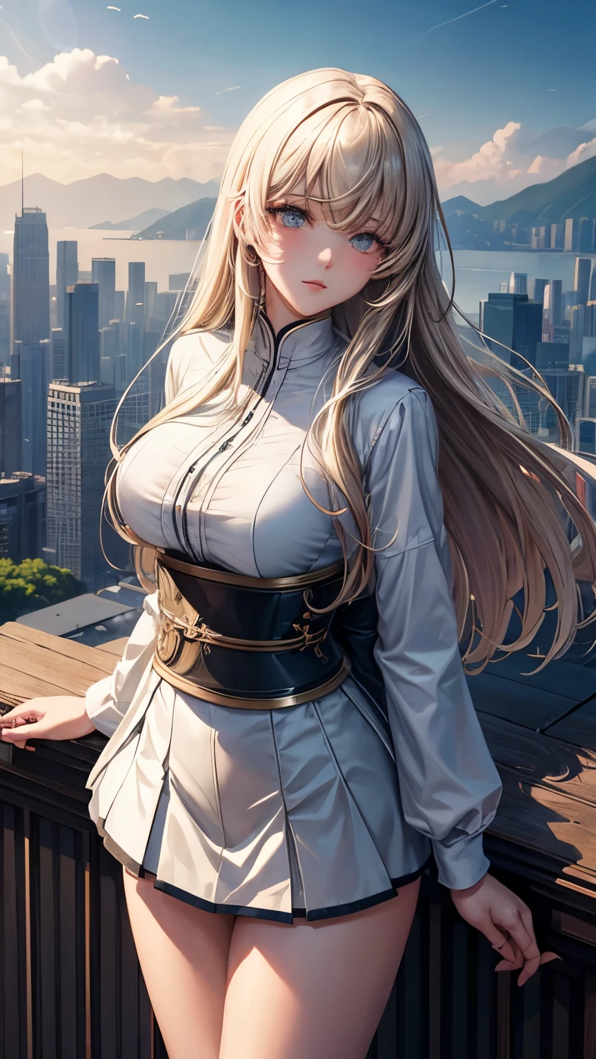 Walter Crane, Evgenia Malina, Surreal, mysterious, strange, fantastic, fantasy, sci-fi, Japanese anime, biplane flying over the magical city of Hong Kong, beautiful high school girl in a miniskirt looking up from the top of a high-speed building, perfect voluminous body, wide-angle bird's-eye view, detailed masterpiece Hyper realistic sharp focus