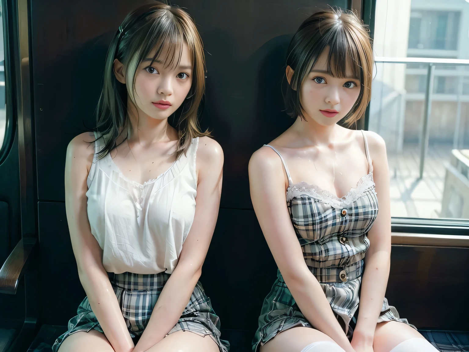 pieces fly, highest quality, ((highest quality、8K、masterpiece:1.3))、ultra high resolution、Physically based rendering、(realistic:1.37)、完璧な体の美しいtwo women:1.4、slim abdomen:1.2、Highly detailed face and skin texture、 red cheeks、white skin、thin waist,thin legs、highest quality,Super detailed,masterpiece,very beautiful 12 year old girl, (cute:1.2),perfect shiny skin,perfect skin,((Accurate hand without discomfort)), 大きなsmile, (brown hair),(short bob hair),(((upper body nude)))、(((full nude)))、((plaid pleated skirt))、((I can see your ))、(((Cheb is visible)))、(((two women)))、(((Two girls who are good friends)))、(((someone touches my chest)))、smile、(((sit on a flat seat on a train)))、((garter stockings))、((wet body))