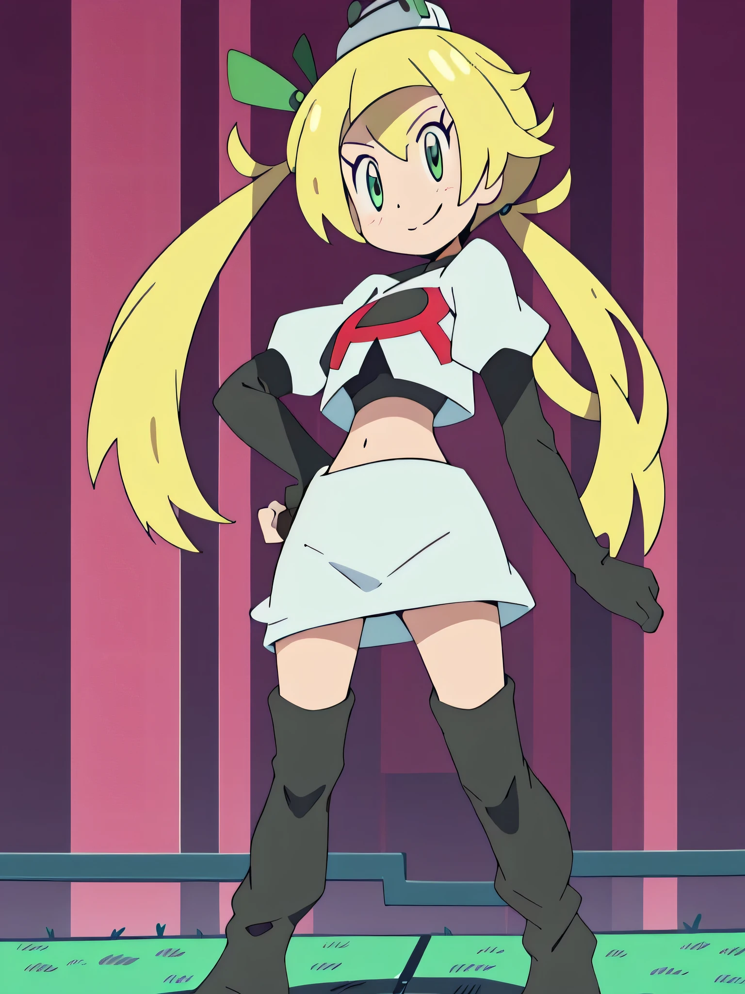 anime character in green outfit jumping in front of a building, a blonde emerald warrior, dynamic pose, badass pose, superhero pose, one arm above the head, one arm in front with open hand, green full bodysuit with high heels and bracelets, shadow underwears under the leotard, evil expression, evil smile, frowning