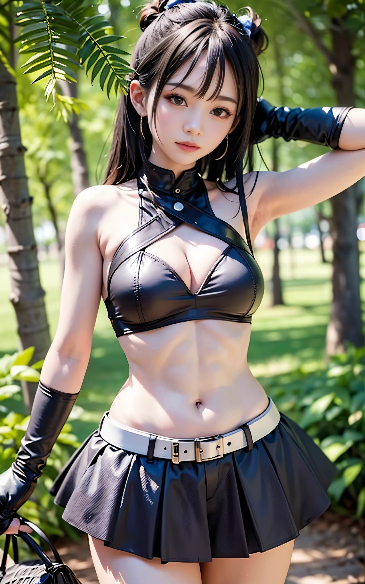 best quality,master piece,High resolution,(beautiful face),looking at the viewer,Are standing,((Half body)),((White vest)),((black leather skirt)),Hands in gloves,right arm hanging down