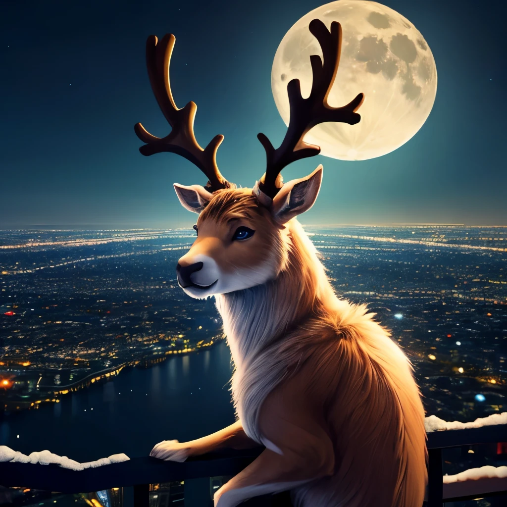 (highest quality:1.5), (masterpiece:1.5), night sky, I&#39;m on a high floor, city night view, full moon,reindeer, shoot from front, (look of confusion:1.3)