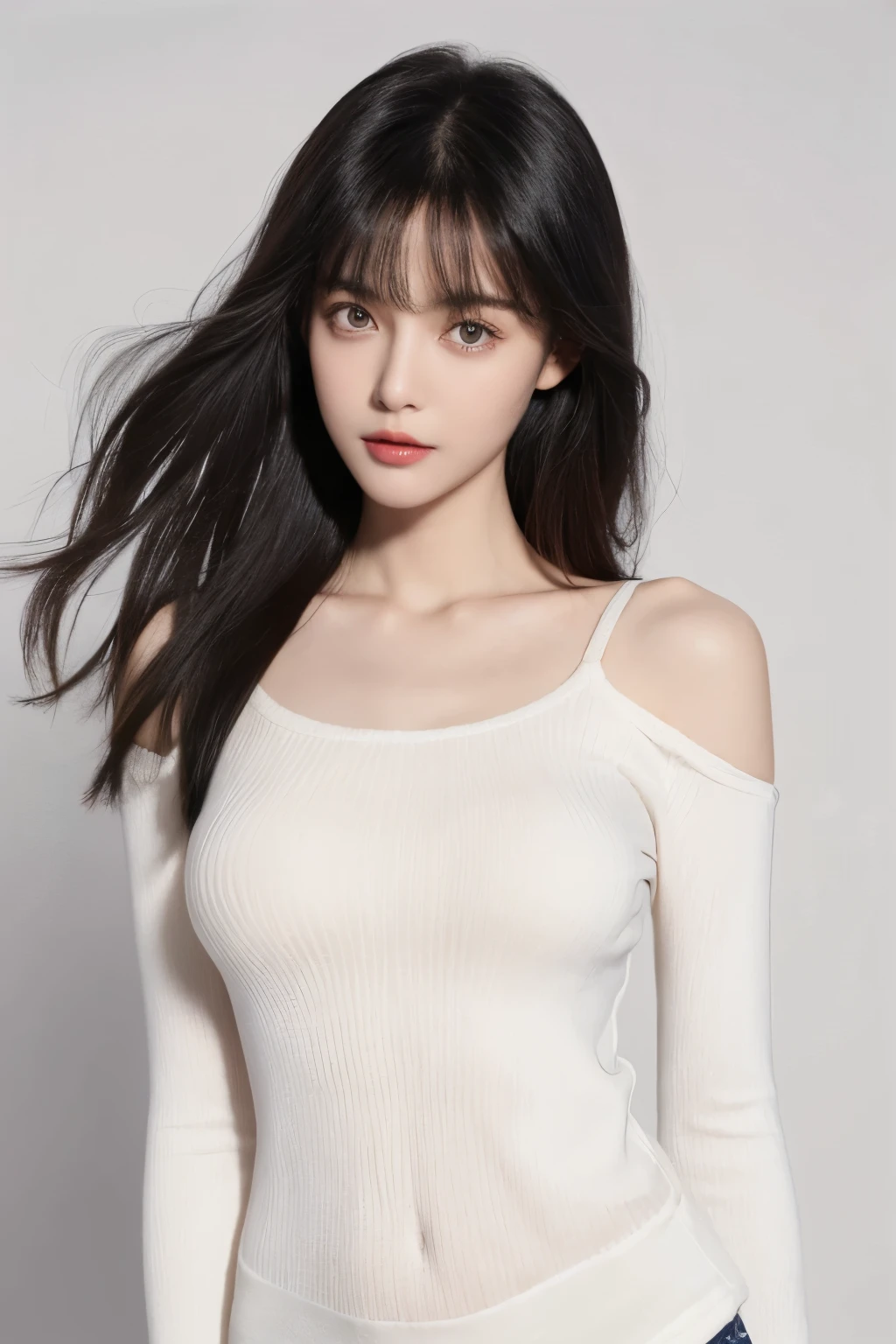 （lifelike,high resolution：1.3）， A slim girl， The face shape and eyes are super delicate,black hair,red glossy lips,(beautiful face), (best quality), (Super detailed), (Extremely detailed CG unified 8k wallpaper),((tight jumper)),(White background),(small breasts),(Model photo),sexy look,big eyes,(standing),(air bangs),(Slim waistline)，Eyes look at the audience,Teardrop-shaped breasts,soft breasts,very realistic breasts,The character is centered,black hair