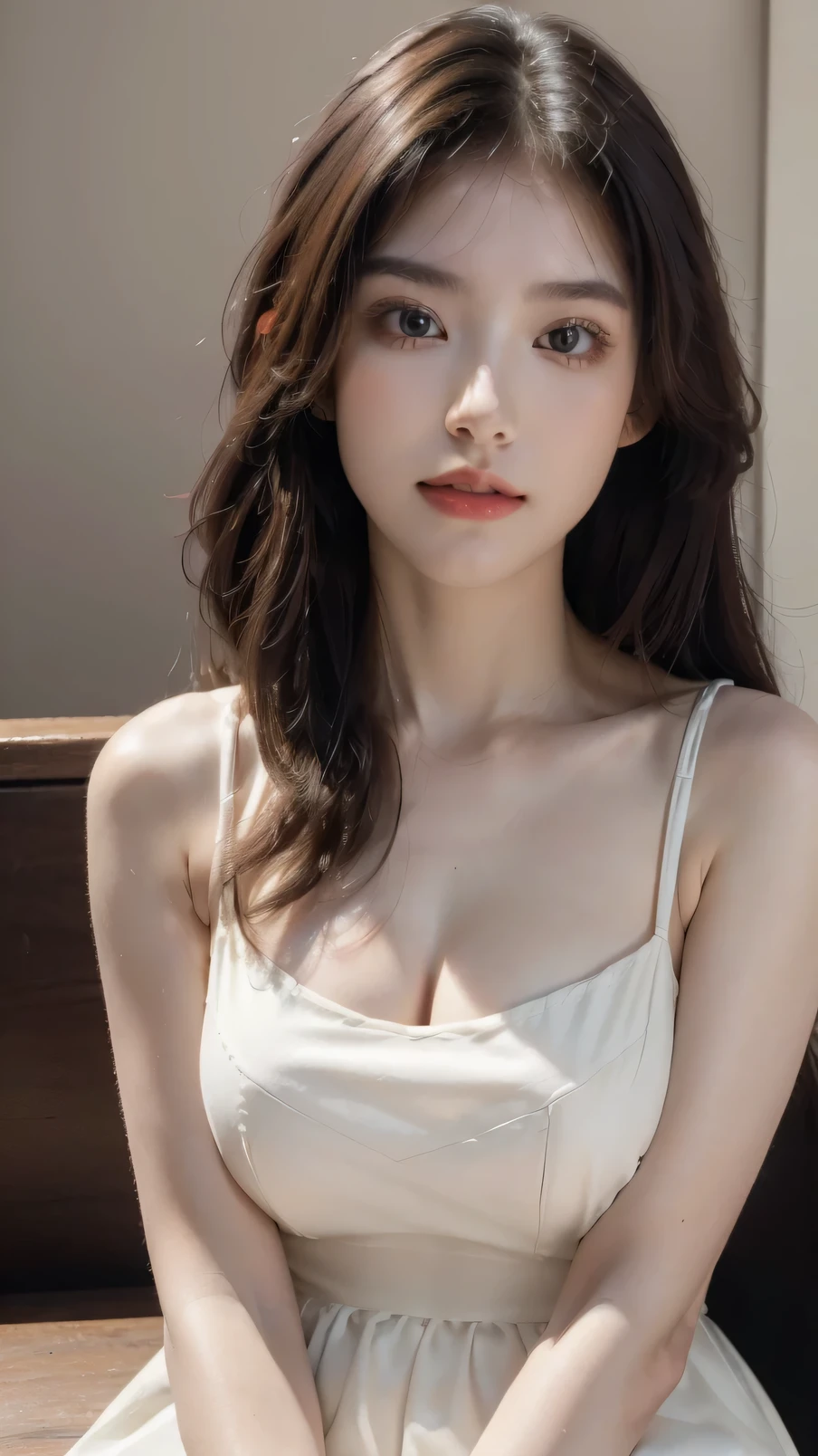 (8k, RAW photo, best quality, masterpiece:1.2), (realistic, photo-realistic:1.2), (photorealistic:1.4), (ultra high res, raw photo:1.4), ultra-detailed, a girl, perfect face, sitting, (upper body:1.3), (white dress:1.2), (softlight:1.2), (professional lighting:1.2), (studio:1.2), (coffee shop background:1.2), 