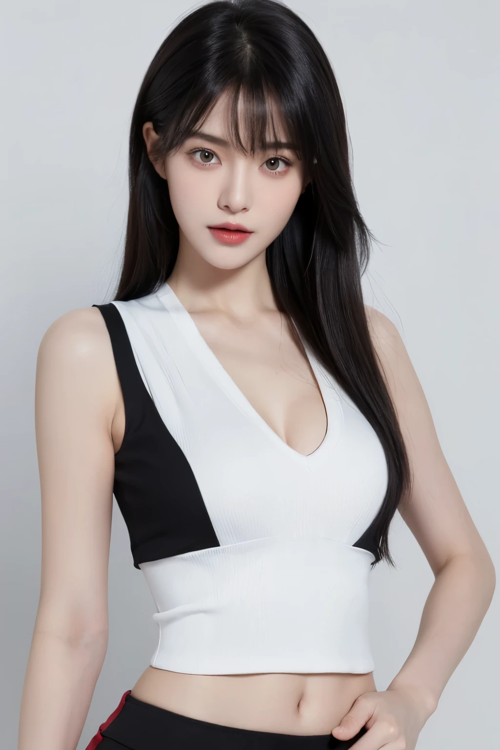 （lifelike,high resolution：1.3）， A slim girl， The face shape and eyes are super delicate,black hair,red glossy lips,(beautiful face), (best quality), (Super detailed), (Extremely detailed CG unified 8k wallpaper),((Sexy sports vest)),(White background),(A little cleavage),(Model photo),sexy look,big eyes,(standing),(air bangs),(Slim waistline)，Eyes look at the audience,Teardrop-shaped breasts,soft breasts,very realistic breasts,The character is centered,black hair