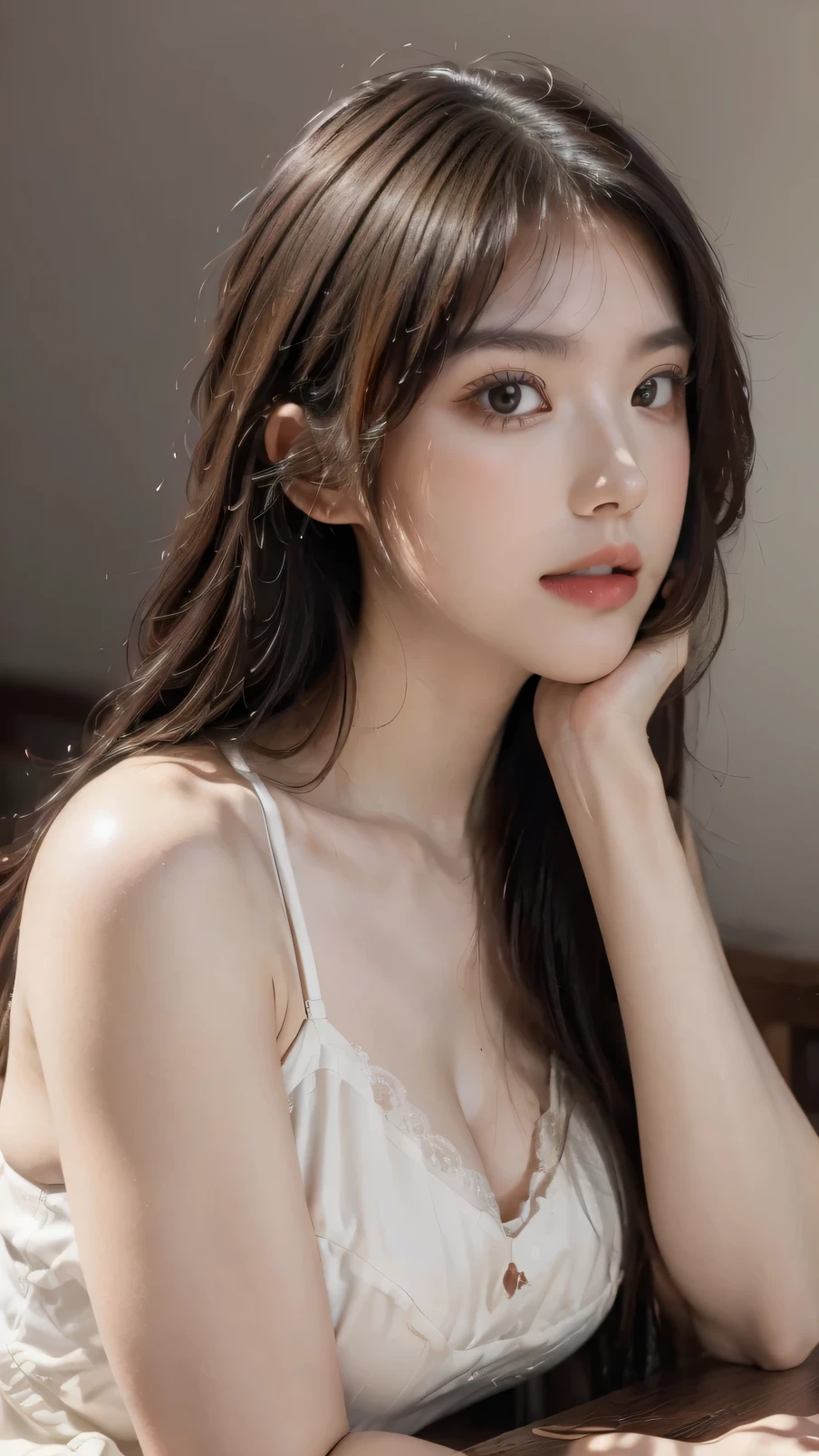 (8k, RAW photo, best quality, masterpiece:1.2), (realistic, photo-realistic:1.2), (photorealistic:1.4), (ultra high res, raw photo:1.4), ultra-detailed, a girl, perfect face, sitting, (upper body:1.3), (white dress:1.2), (softlight:1.2), (professional lighting:1.2), (studio:1.2), (coffee shop background:1.2), 