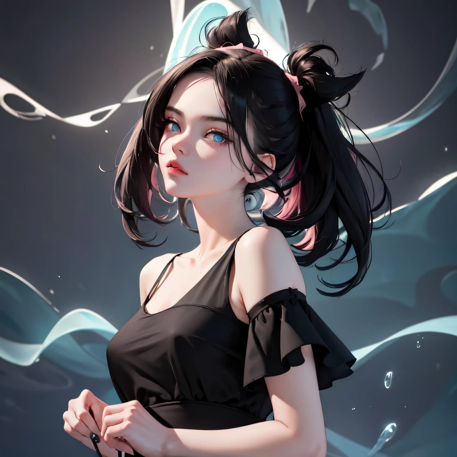 An exquisite masterpiece of top quality and high resolution featuring Marnie. Big sleepy eyes, Aqua eyes、Glowing under the dim light. black hair, much hair, Hair with volume, messy hair, only head and shoulders, magazine style, pink top, russian woman, adult woman, looking at the viewer, frontal, hyperrealistic.