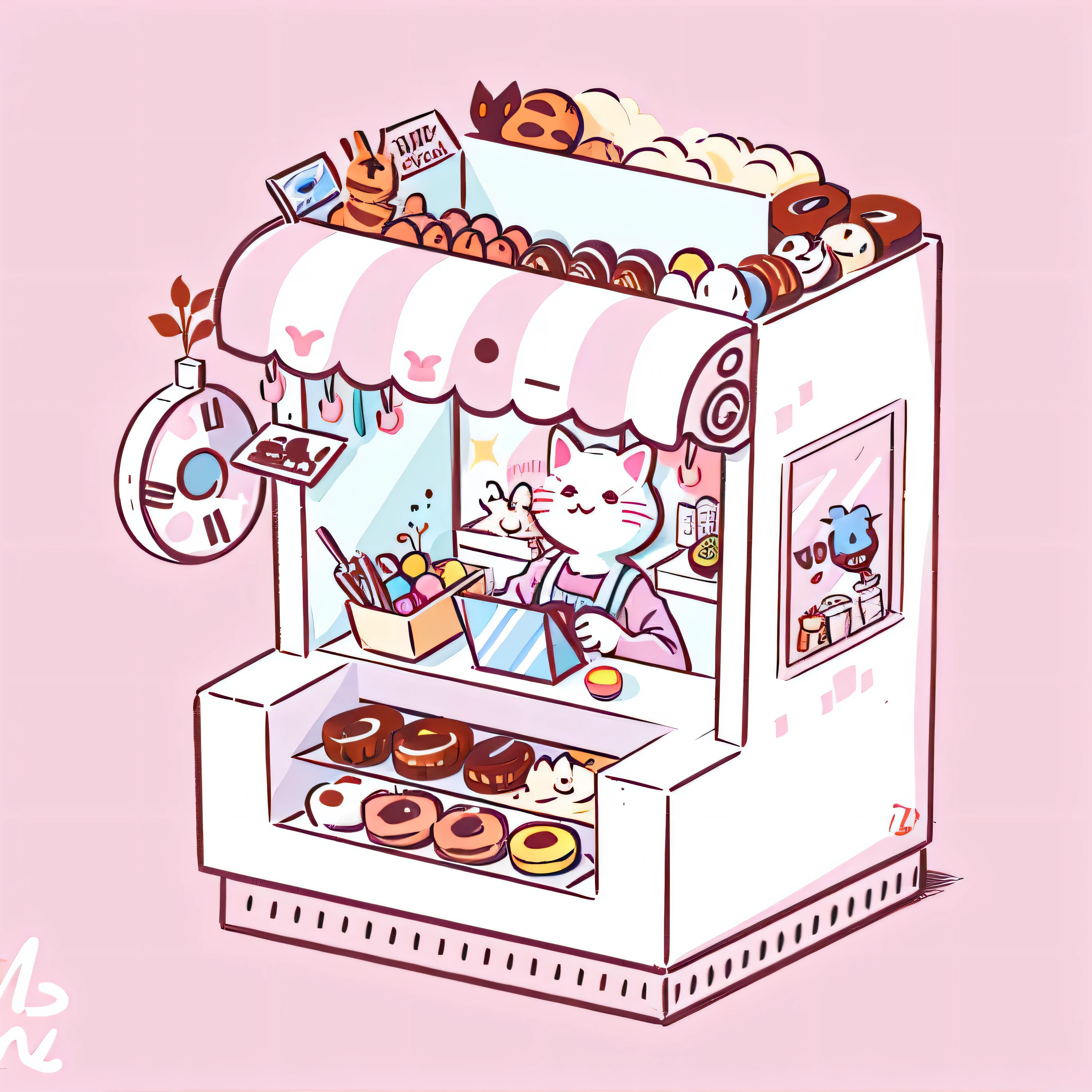  ein Cartoon eines Donut-Standes mit einer Katzenkassiererin und einem Krapfen, cute Bakery shop, Kawaii aesthetics, Kawaii-Katze, Niedliche Illustration, Japanischer Kawaii-Stil, einen Krapfen essen, cute detailed digital art, Kawaii japanischer Stil, Sweets, Weiche Anime-Illustration, Krapfen, Dreamy aesthetics, Designed for cozy aesthetics!, cute piece of art, detailed fanart, Bakery, In an old magical candy shop