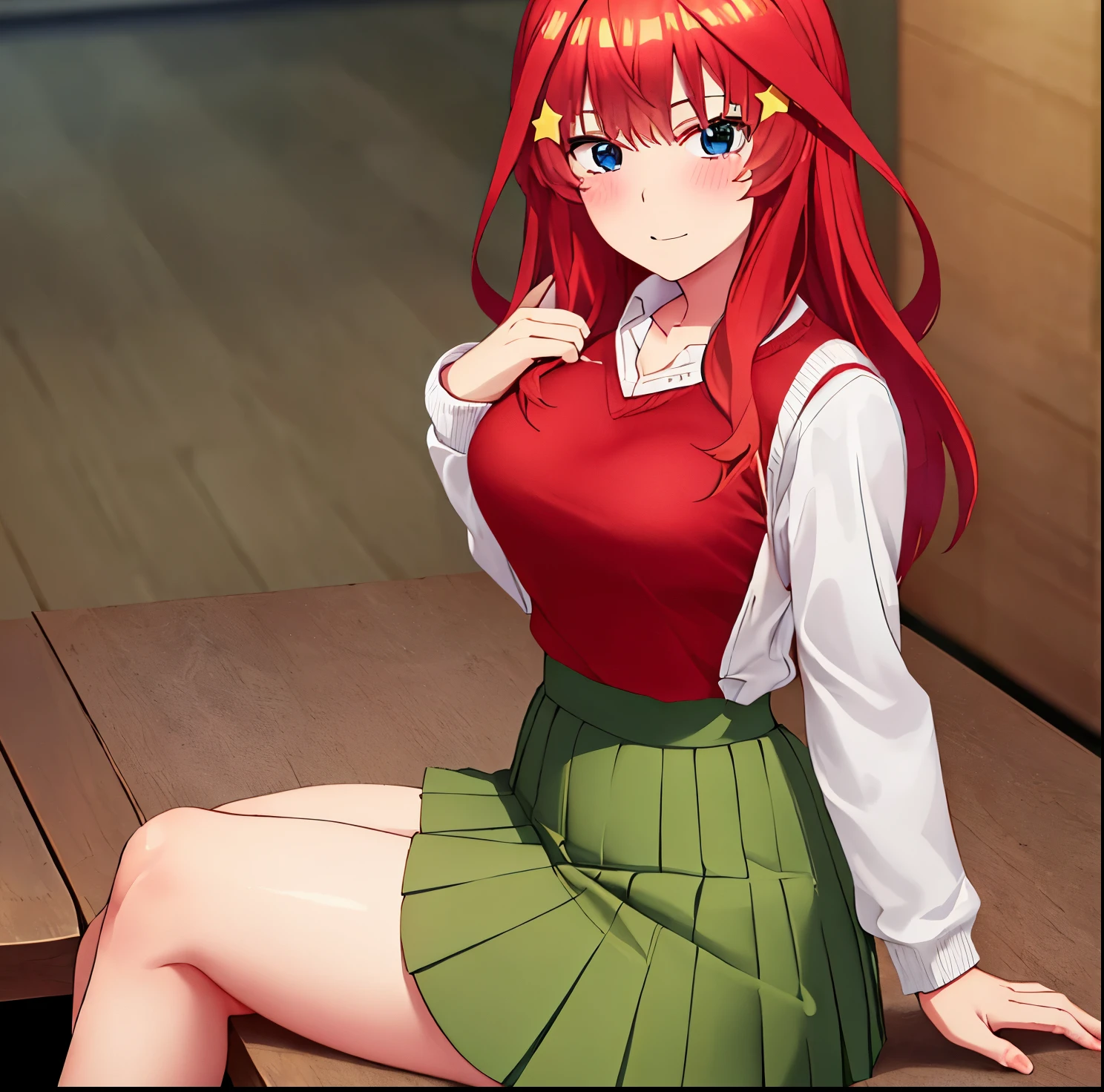 point of view (from below), ((high resolutions)), (masterpiece), high quality, best quality, gorgeous, perfect lighting, detailed face, ultra cute face, cute, cowboy photo, Itsuki Nakano, ((1 girl) ), ((only)), medium fluffy hair, red hair, hair ornament, star decoration, blue eyes, (blush), seductive, nervous, classroom, table, sitting at the table, legs crossed, sitting facing viewer, large breasts, medium waist, (wide hips), thick thighs, shirt, school uniform, collarbone, white shirt, short sleeves, pleated skirt, stockings, collared shirt, miniskirt, knee-length, white stockings, ( green skirt:1.5), sweater vest, (red sweater:1.5), facing viewer, good pose, arms behind back, excellent anatomy, good hands