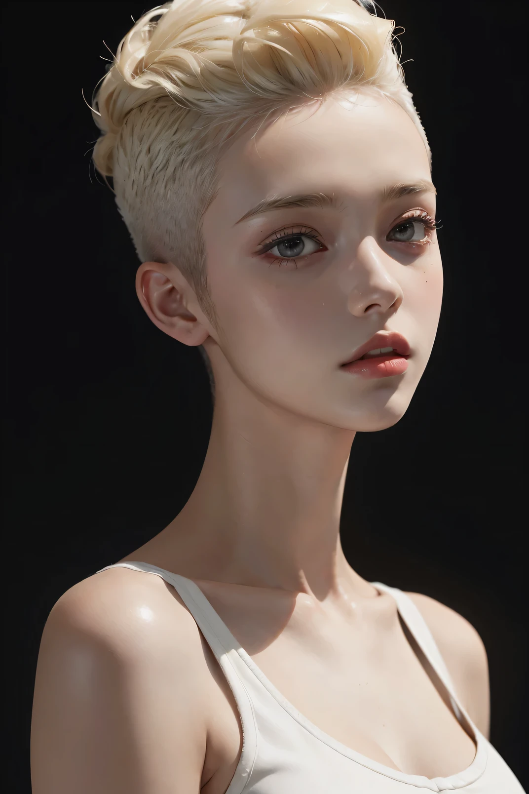 a 20 yo woman, blonde, (hi-top fade:1.3), dark theme, soothing tones, muted colors, high contrast, (natural skin texture, hyperrealism, soft light, sharp)