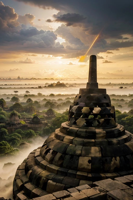 a borobudur temple, in indonesia, shining with golden sun light, covered with cloud and thunder, 8k high res, cinematic, bautiful scene, with a president standing in front of