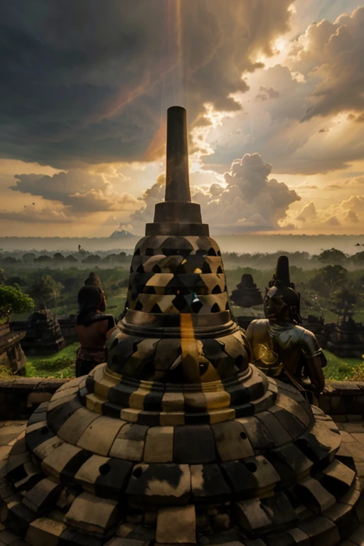 a borobudur temple, in indonesia, shining with golden sun light, covered with cloud and thunder, 8k high res, cinematic, bautiful scene, with a president standing in front of 