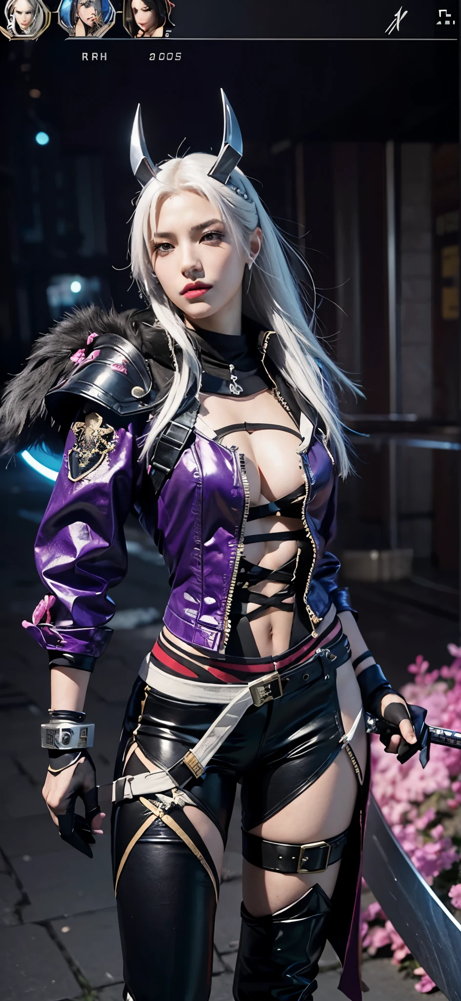 ((realisticity: 1;2)), high kuality, best kuality, a close up of a person in a costume with a sword, as a character in tekken, female character, tifa lockhart with white hair, katana zero video game character, lunar themed attire, kda, slim body, cyborg - girl with silver hair, upper body realistic, fashion gameplay screenshot, fighting game character, new character, floralpunk elysian maiden, sigma female