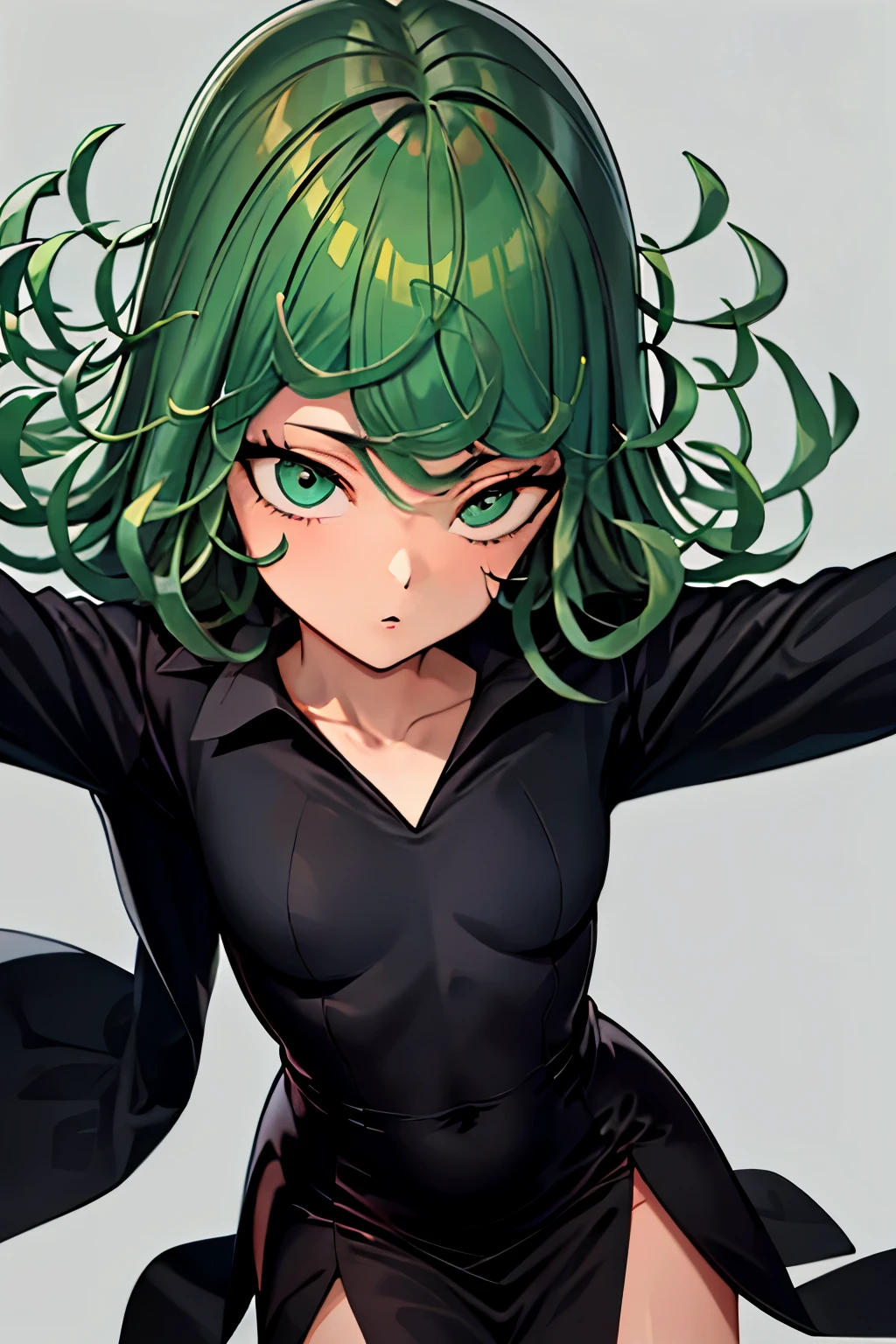 tatsumaki, Fondo simple, mano en la cadera, small breasts, boca cerrada, 1 chica, fondo gris, mangas largas, mirando al espectador, Solo, cabello corto, pelo verde, Muslos, black vestido, ombligo cubierto, ojos verdes, vestido, Pelo RIZADO